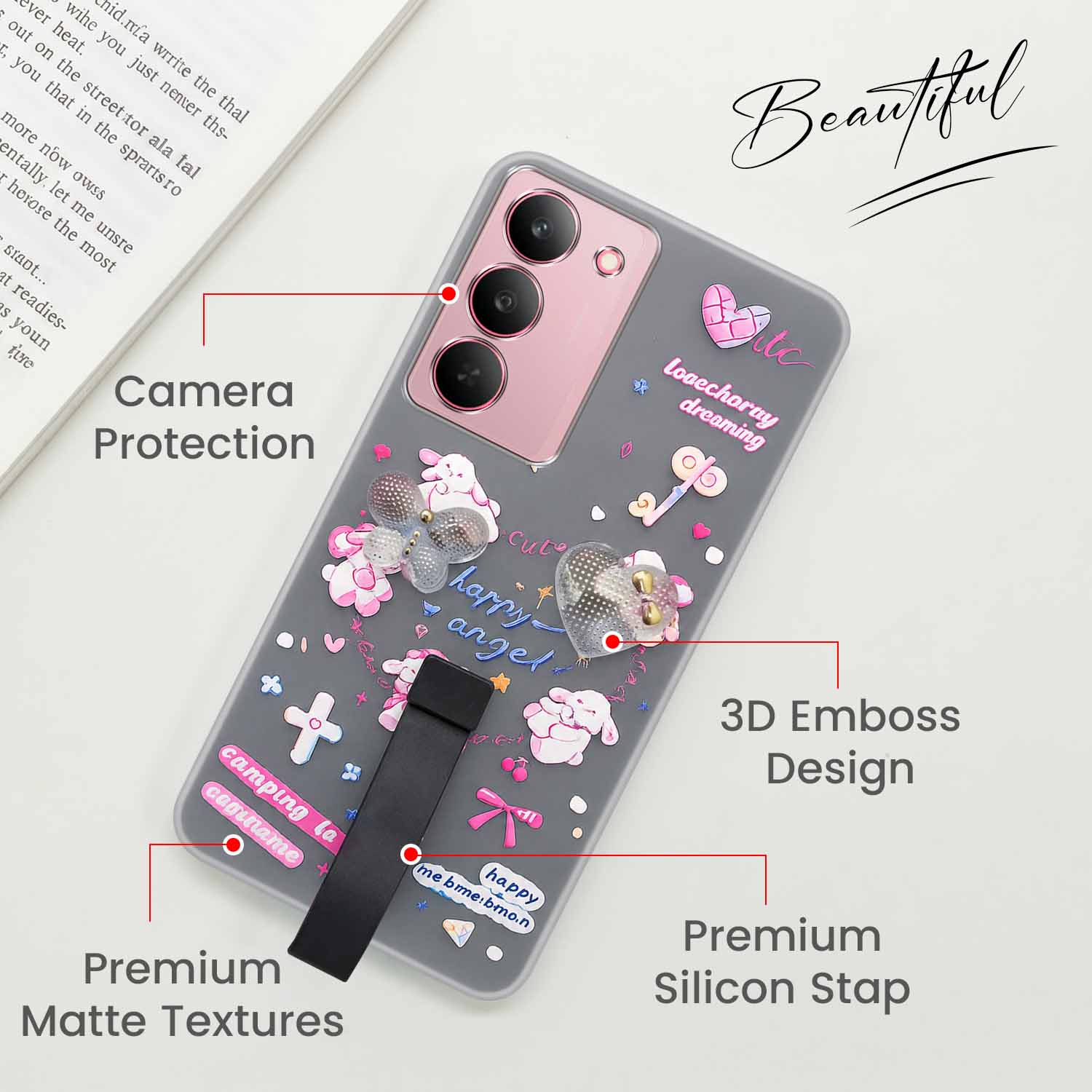 For Realme 14X Back Cover Case (3D Cute Heart Strap Holder | Camera Protection | Designer Girls Print)