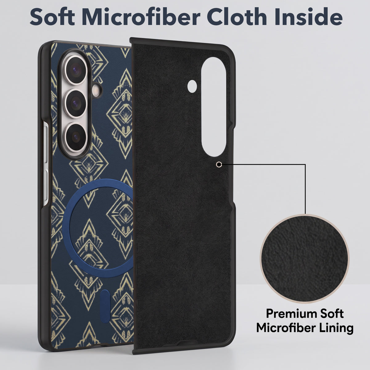 For Samsung Galaxy Z Fold 7 Back Cover Case Premium Magnetic (MagSafe Compatible | 180° Folding Design | Geometric Gold Pattern | Soft Microfiber Inner Lining)