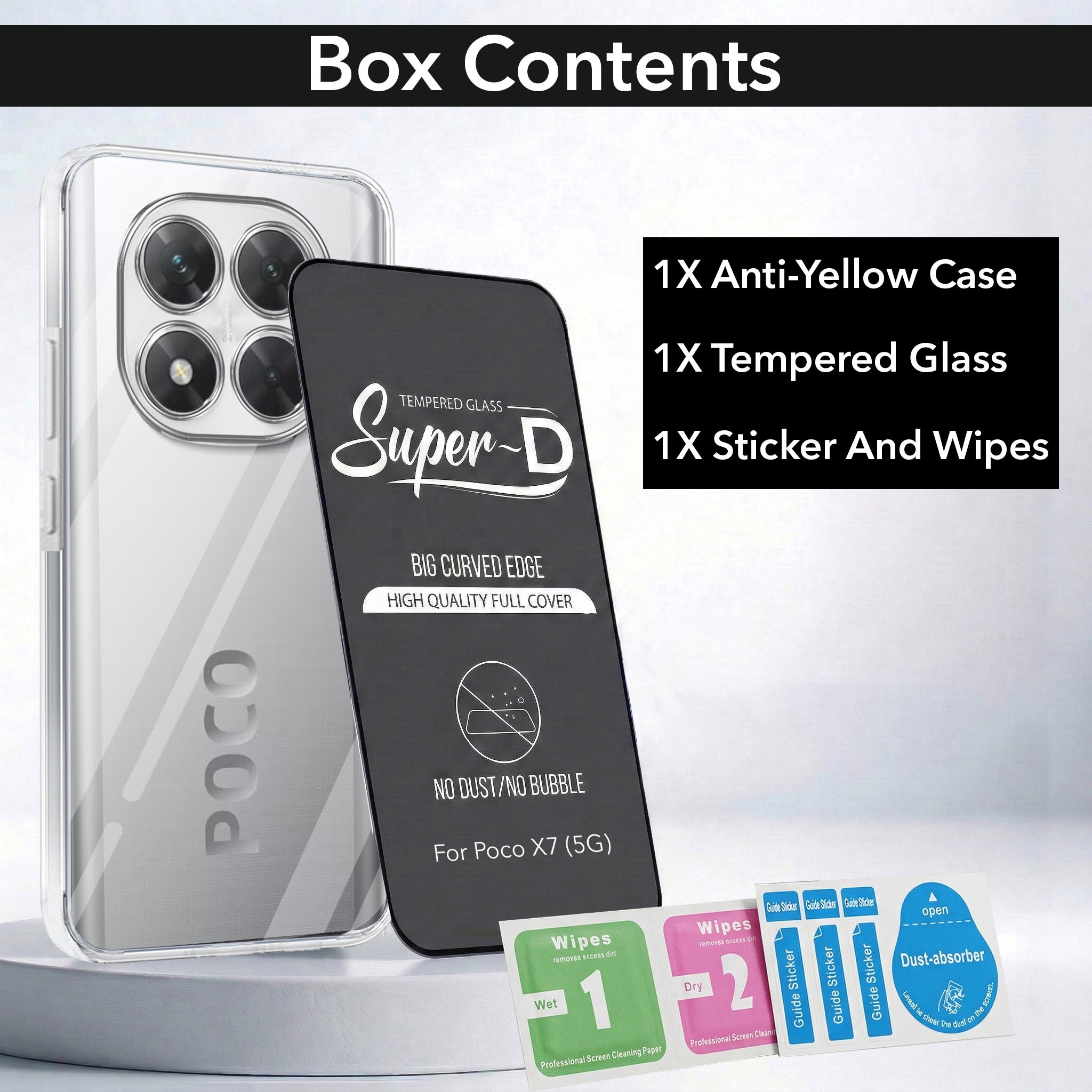 For Xiaomi Poco X7 Combo with Back Cover and 9H Tempered Glass (Lifetime Anti-Yellow | Sleek Hard Crystal | Oleophobic Coating Screen Glass)