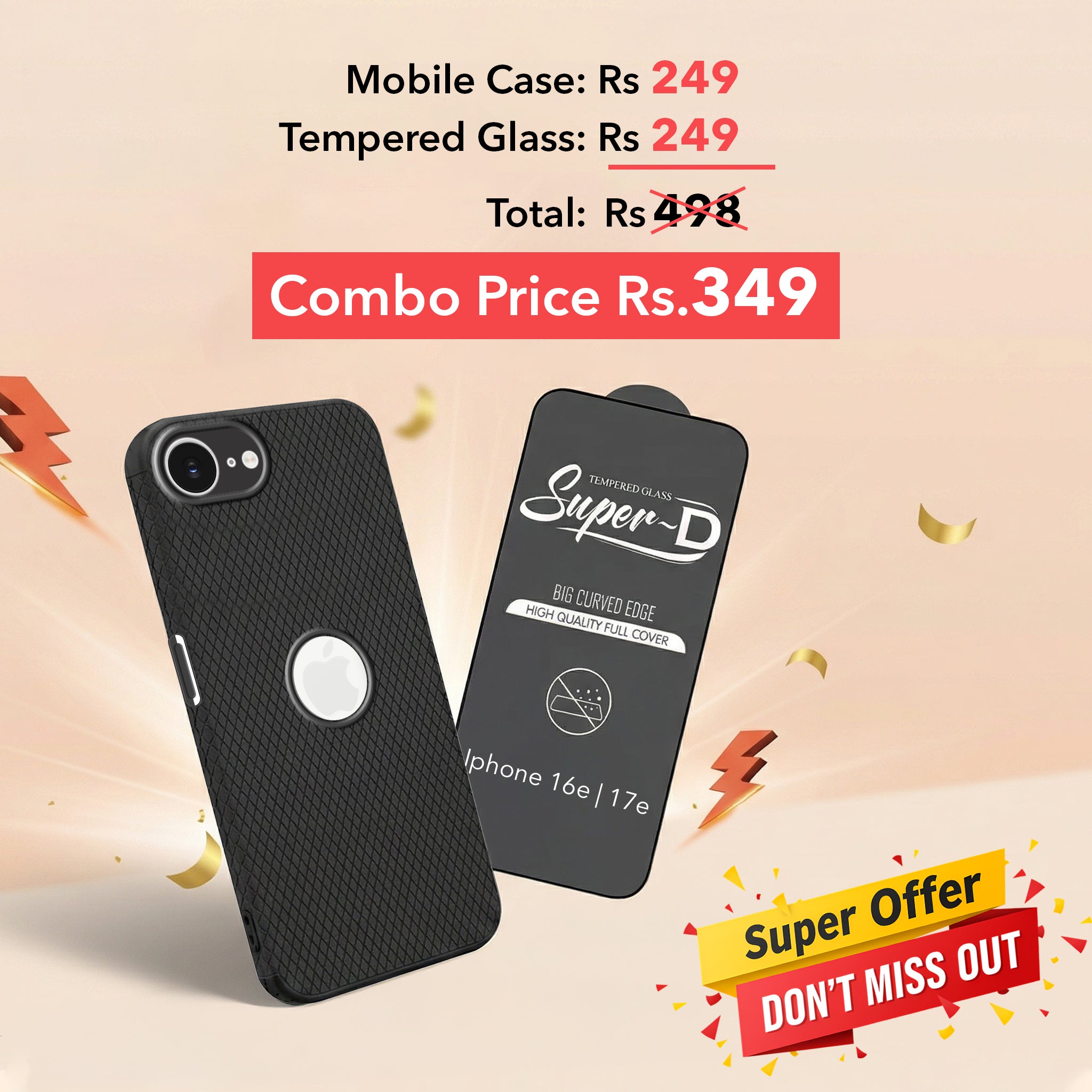 For Apple iPhone 16e | iPhone 17e Combo with Back Cover and 9H Tempered Glass (Liquid Silicone | Camera Protection | Oleophobic Coating Screen Glass)