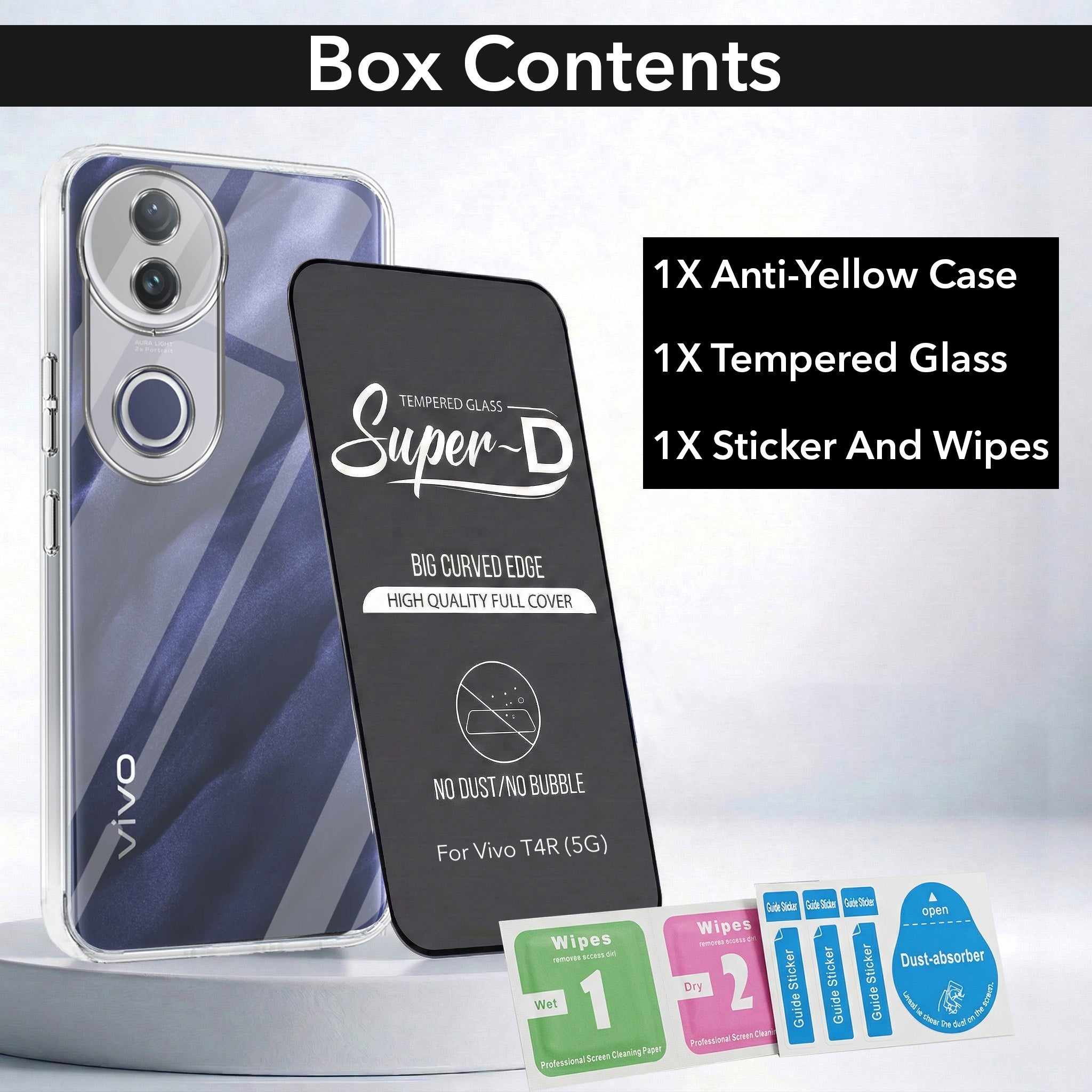 For Vivo T4R Combo with Back Cover and 9H Tempered Glass (Lifetime Anti-Yellow | Sleek Hard Crystal | Oleophobic Coating Screen Glass)