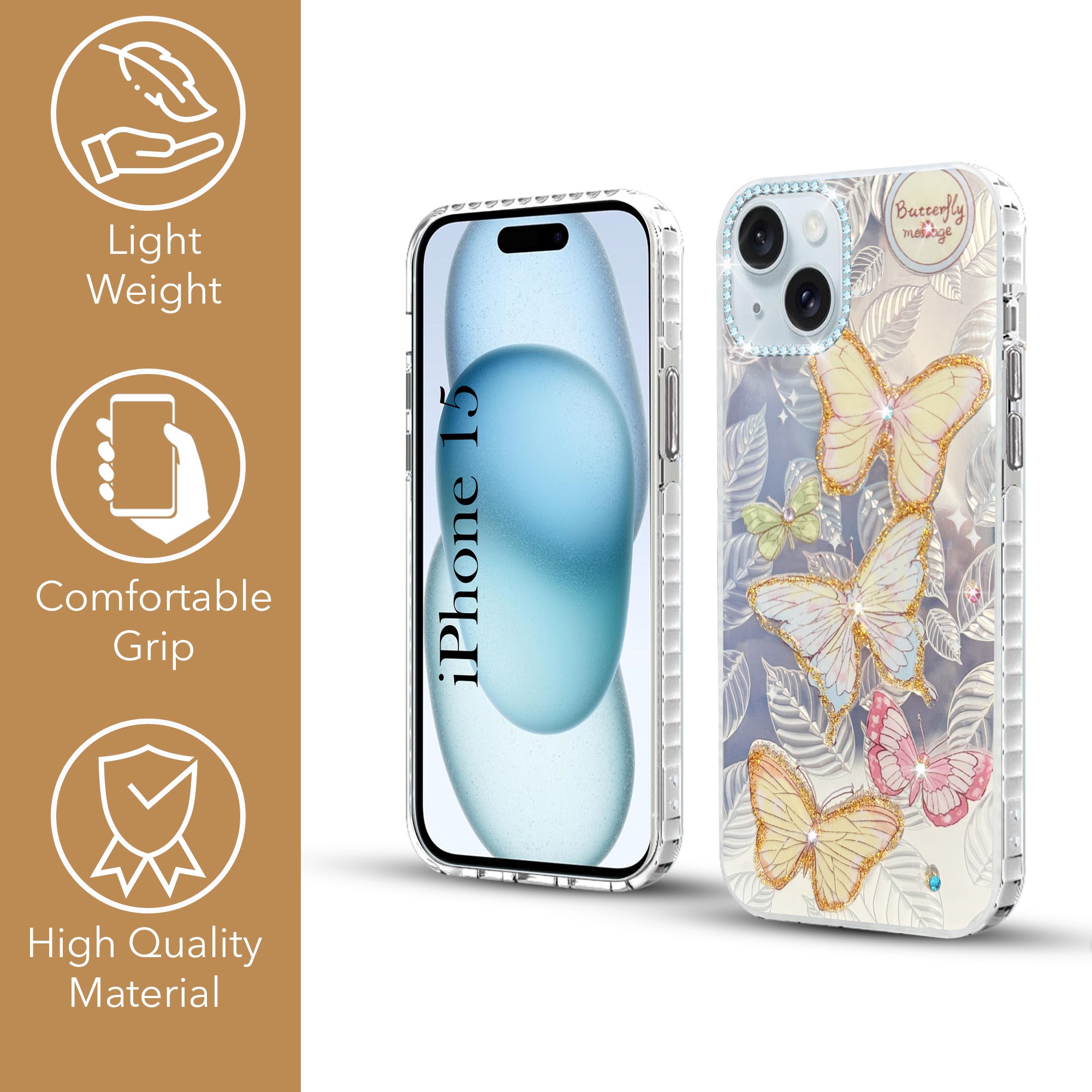 For Apple iPhone 15 Back Cover Case (Luxury Floral Glitter Cute Butterfly | Diamond Studded Camera Bump | Girls & Women Design)