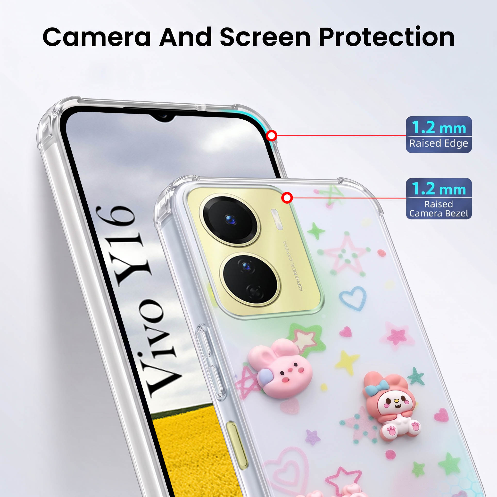 For Vivo Y16 Back Cover Case (3D Cute Cartoons | Hard Back Side Soft | Matte Premium Finish | HD Printing)