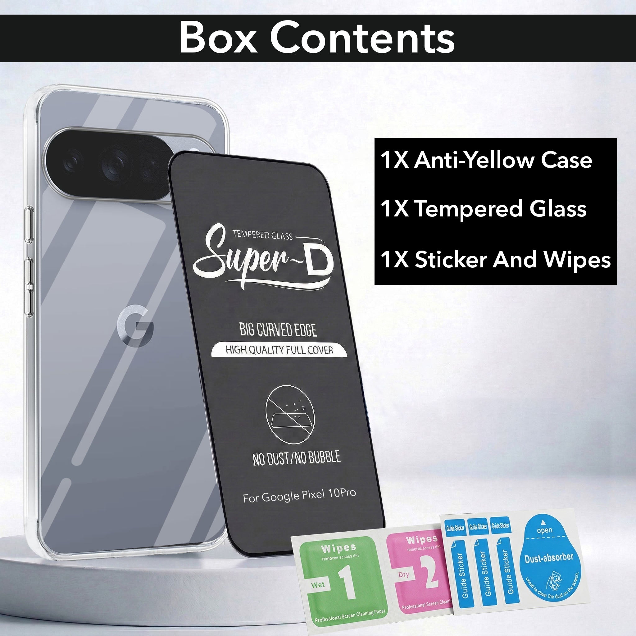 For Google Pixel 10 Pro Combo with Back Cover and 9H Tempered Glass (Lifetime Anti-Yellow | Sleek Hard Crystal | Oleophobic Coating Screen Glass)