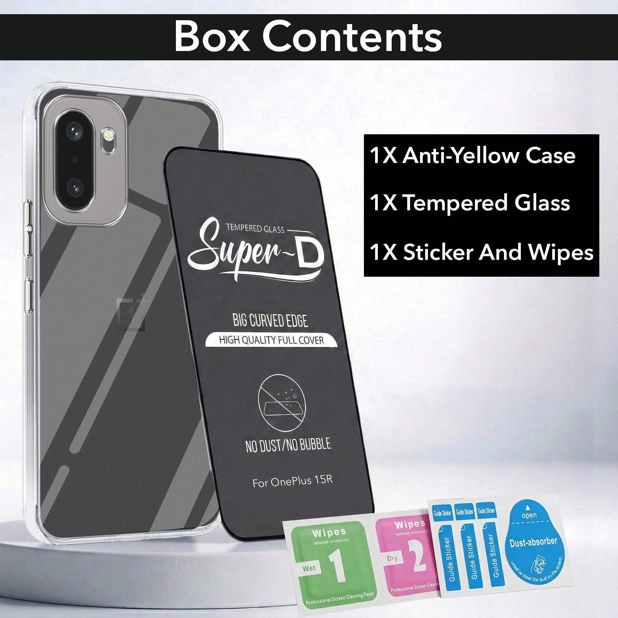 For OnePlus 15R Combo with Back Cover and 9H Tempered Glass (Lifetime Anti-Yellow | Sleek Hard Crystal | Oleophobic Coating Screen Glass)