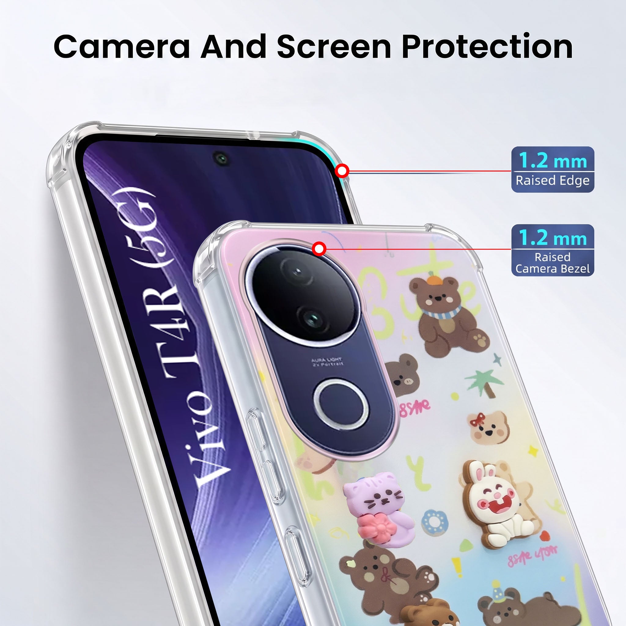 For Vivo T4R Back Cover Case (3D Cute Cartoons | Hard Back Side Soft | Matte Premium Finish | HD Printing)