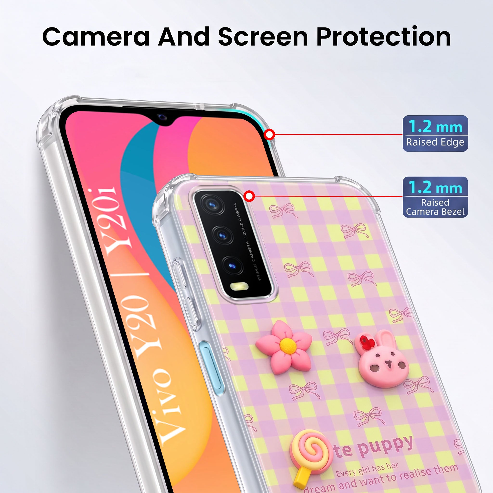 For Vivo Y20 | Y20i Back Cover Case (3D Cute Cartoons | Hard Back Side Soft | Matte Premium Finish | HD Printing)