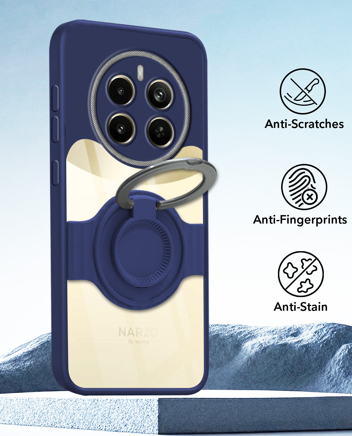 For Realme Narzo 70 Pro Back Cover Case with stand (Built-in Ring Holder Kickstand | Lifetime Anti Yellow | Camera Protection)