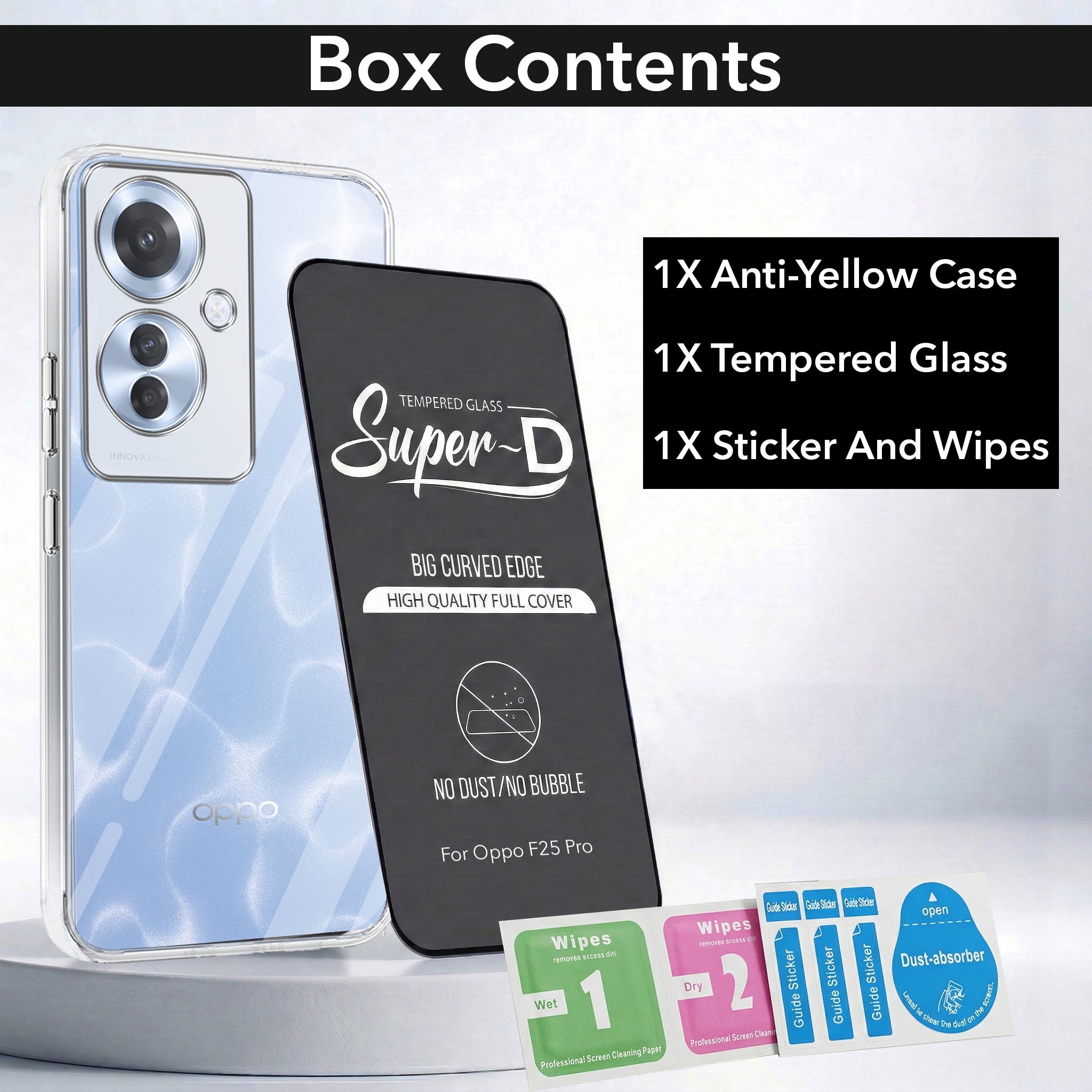For Oppo F25 Pro 5G Combo with Back Cover and 9H Tempered Glass (Lifetime Anti-Yellow | Sleek Hard Crystal | Oleophobic Coating Screen Glass)
