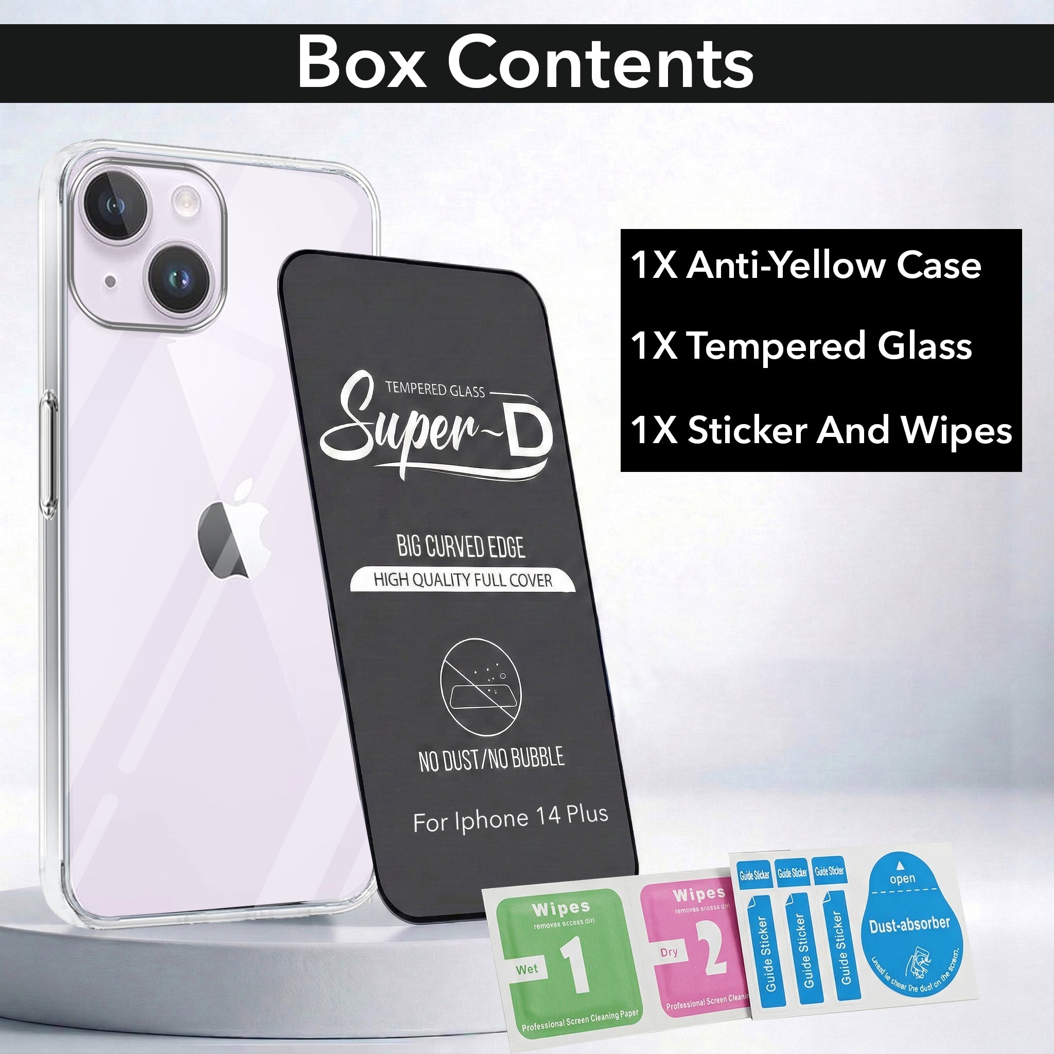 For Apple iPhone14 Plus Combo with Back Cover and 9H Tempered Glass (Lifetime Anti-Yellow | Sleek Hard Crystal | Oleophobic Coating Screen Glass)