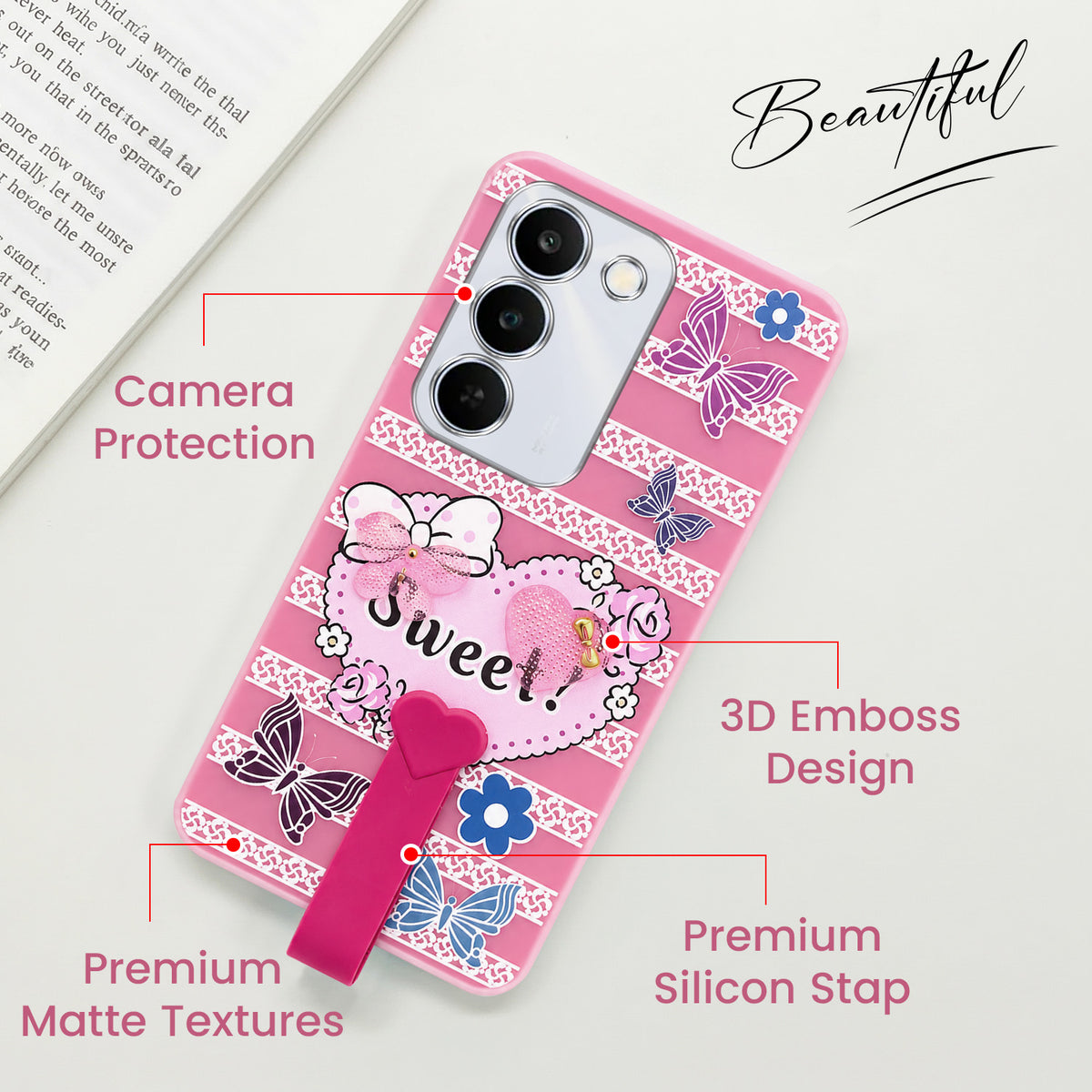 For Realme P4 Lite 5G | Narzo 100 Lite 5G Back Cover Case (3D Cute Heart Strap Holder | Camera Protection | Designer Girls Print)