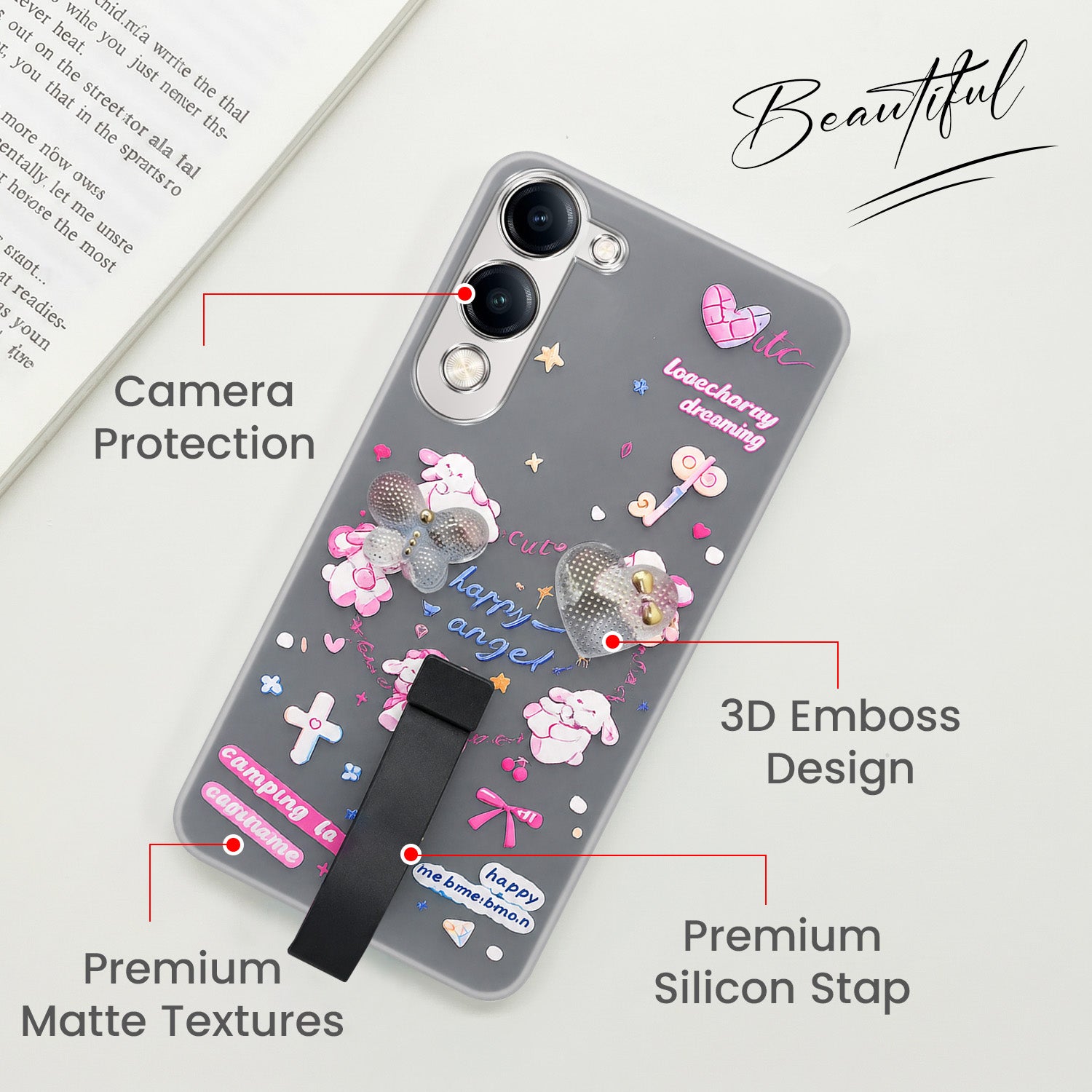For Vivo Y19 | Vivo Y19e | Vivo T4 Lite Back Cover Case (3D Cute Heart Strap Holder | Camera Protection | Designer Girls Print)