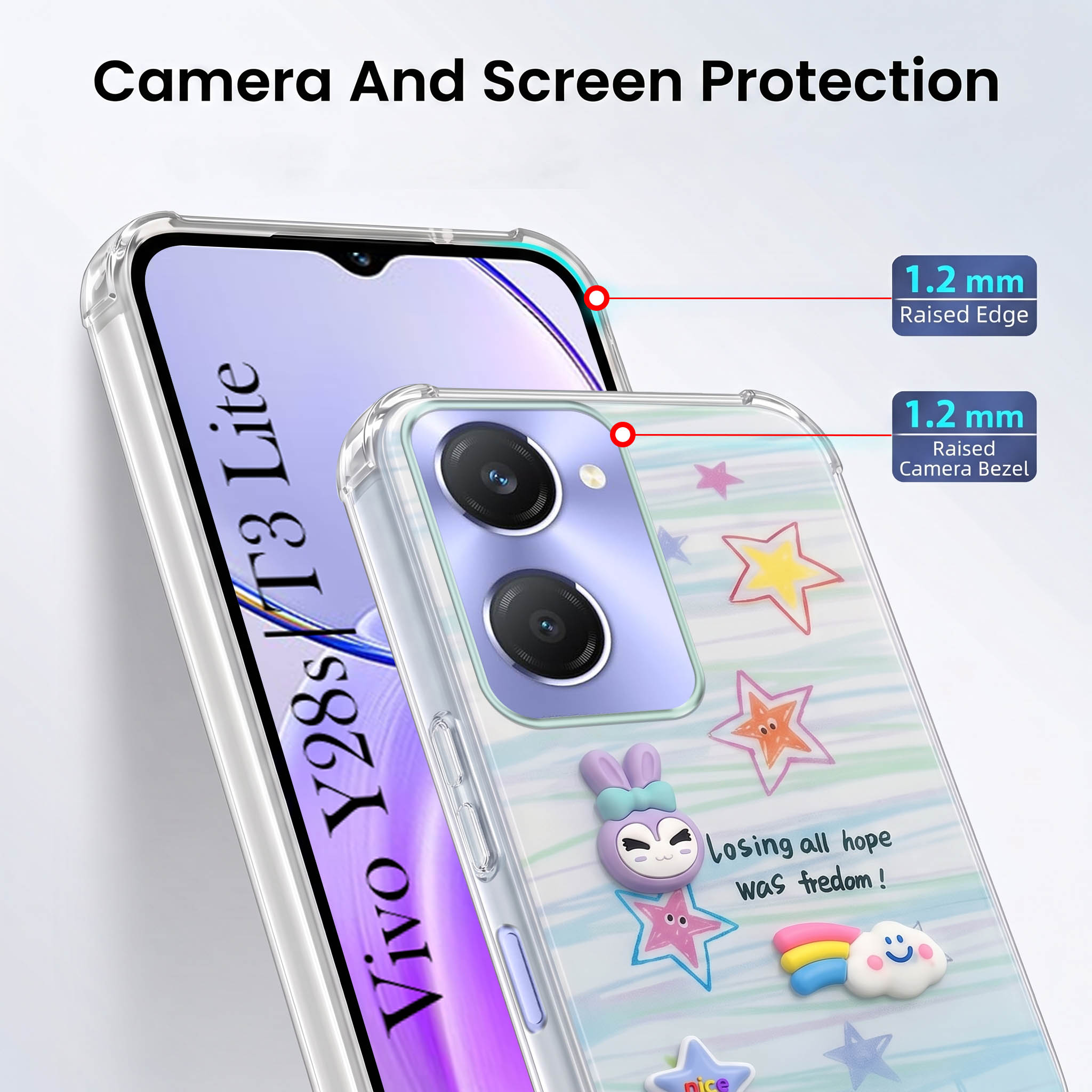 For Vivo Y28s 5G | Vivo T3 Lite 5G Back Cover Case (3D Cute Cartoons | Hard Back Side Soft | Matte Premium Finish | HD Printing)