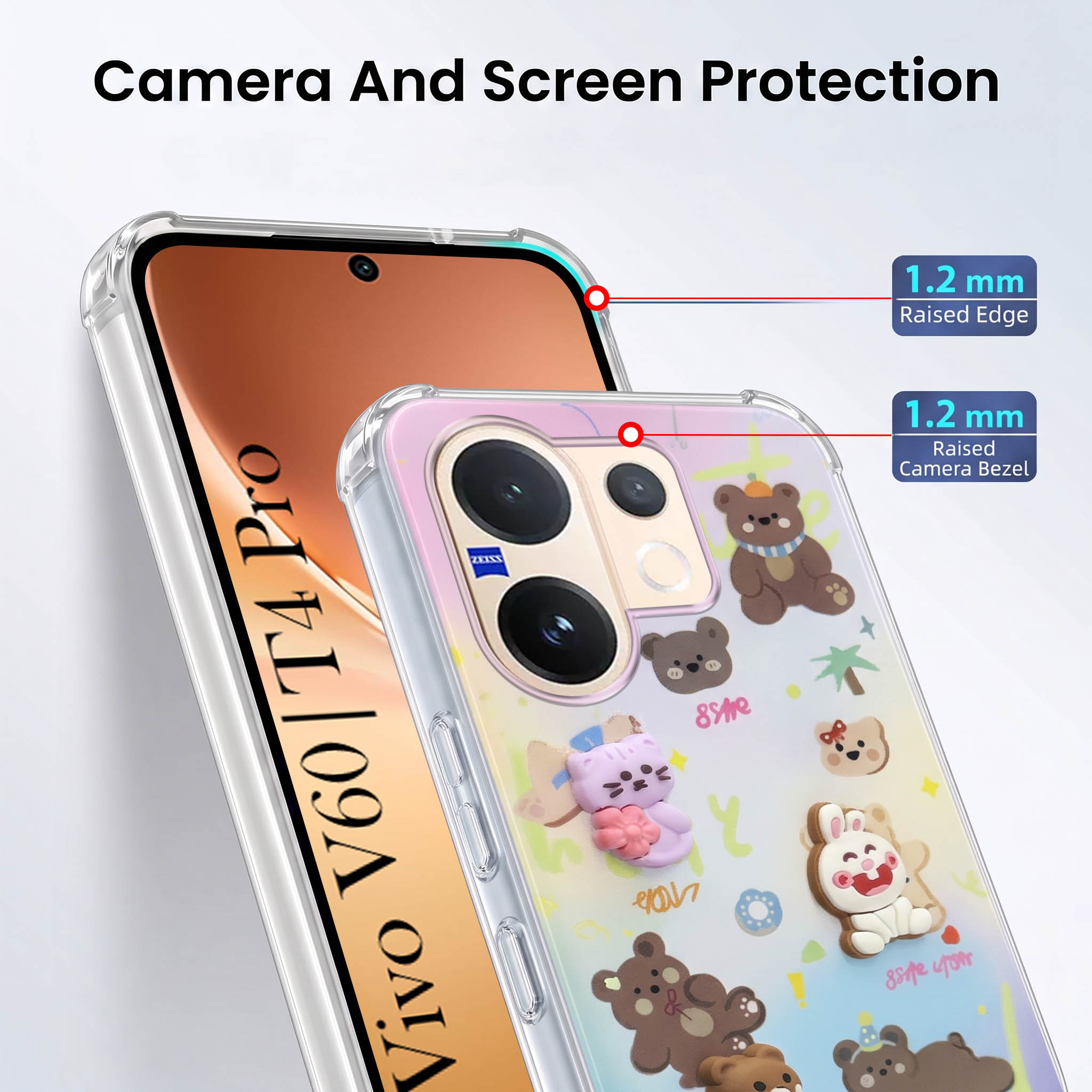For Vivo V60 | Vivo T4 Pro Back Cover Case (3D Cute Cartoons | Hard Back Side Soft | Matte Premium Finish | HD Printing)