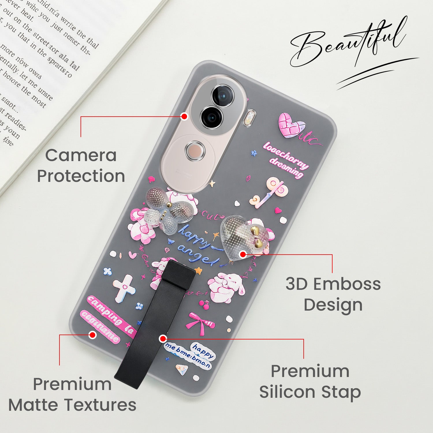 For Vivo V40e Back Cover Case (3D Cute Heart Strap Holder | Camera Protection | Designer Girls Print)