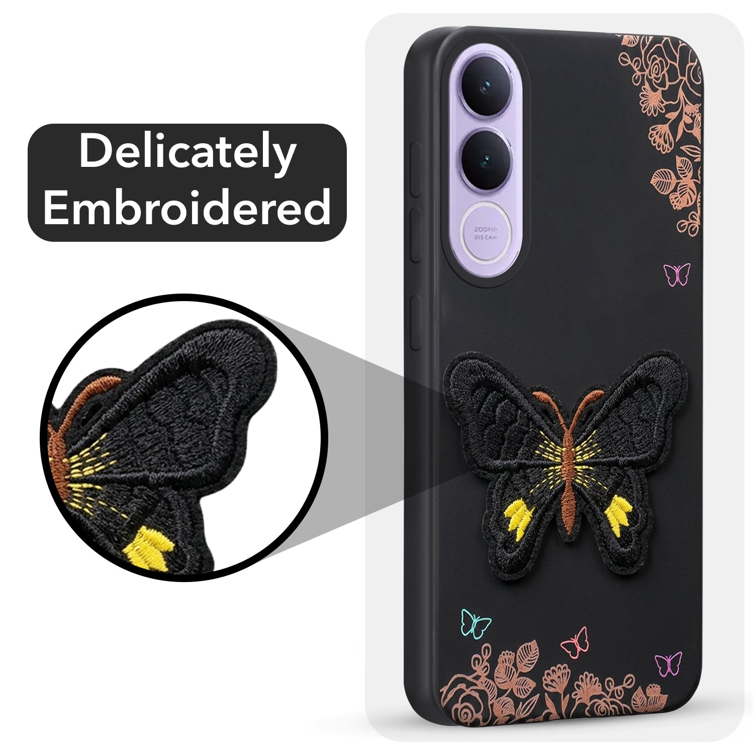 For Vivo V70 FE 5G Back Cover Case (Soft Butterfly Embroidery | Women Teen Girls | Camera Protection| Matte Silicone)