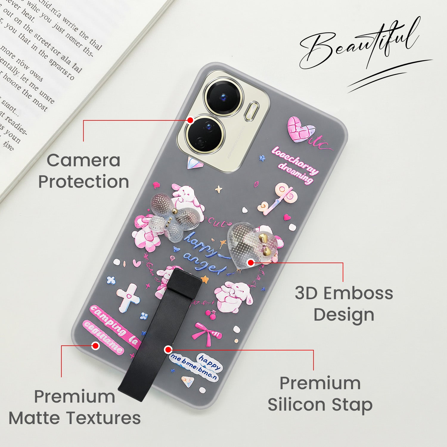 For Vivo Y16 Back Cover Case (3D Cute Heart Strap Holder | Camera Protection | Designer Girls Print)
