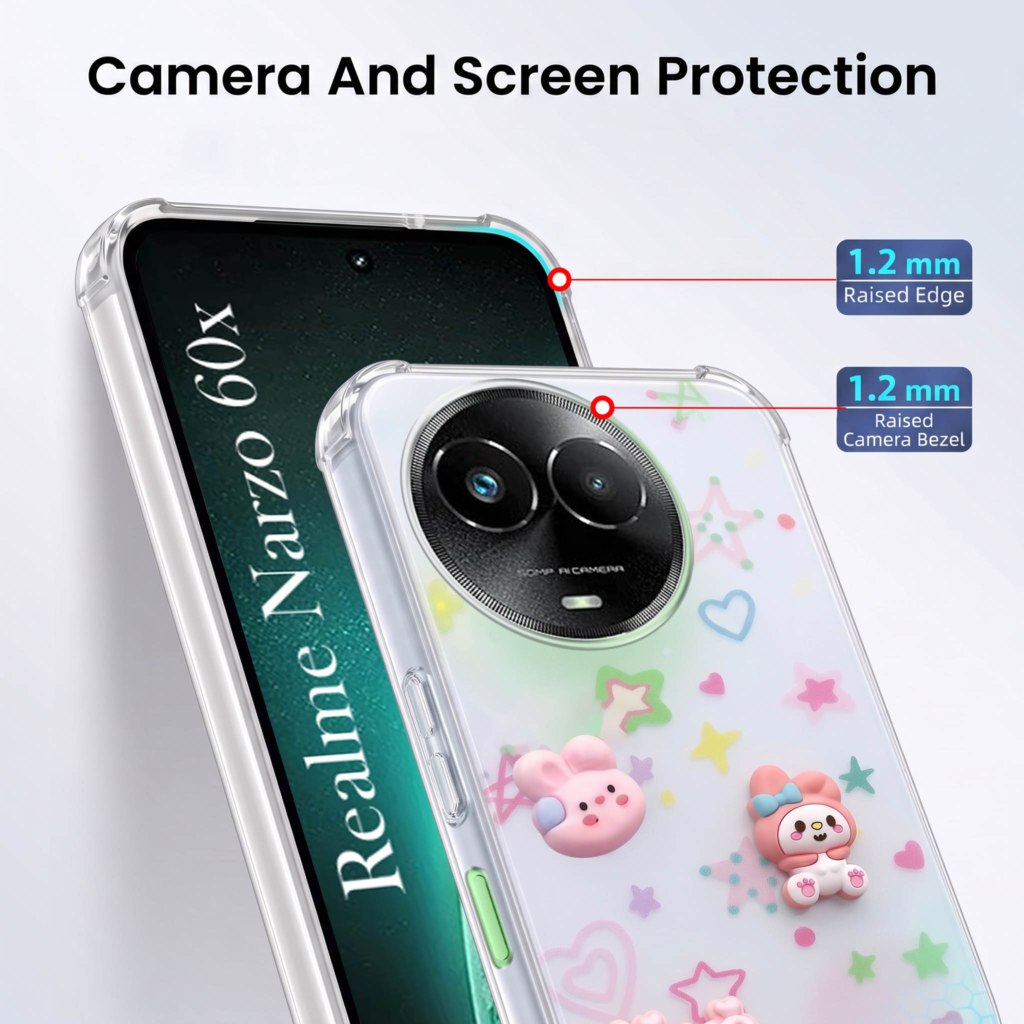 For Realme Narzo 60x Back Cover Case (3D Cute Cartoons | Hard Back Side Soft | Matte Premium Finish | HD Printing)