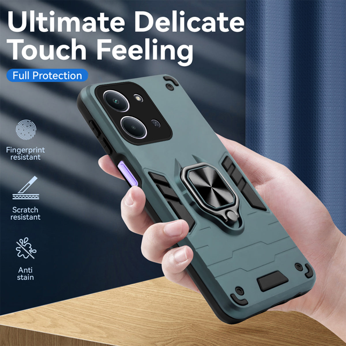 For Redmi 15C Hybrid Armor Back Cover Case (Shockproof Dual Layer Polycarbonate |Ring Holder Kickstand)