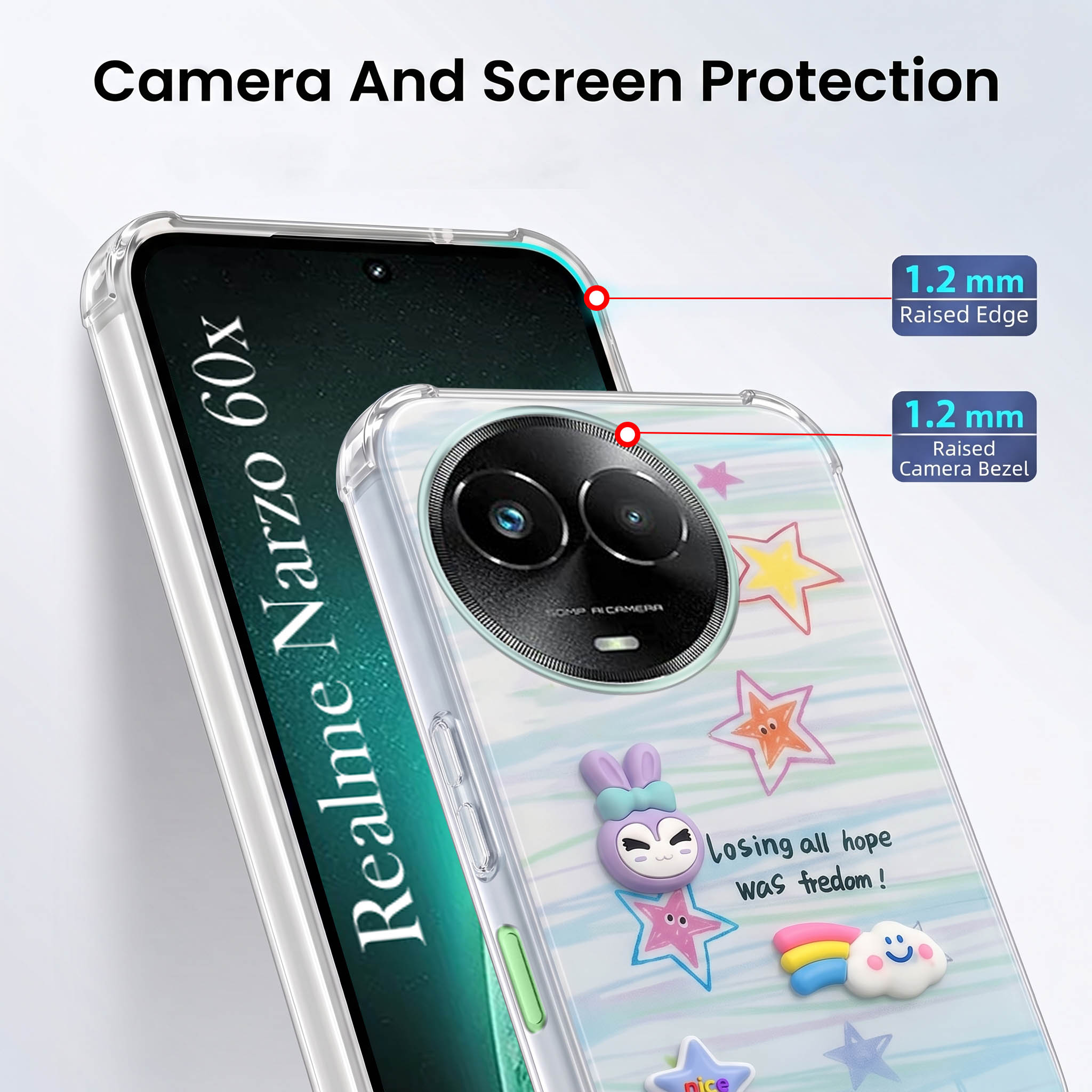 For Realme Narzo 60x Back Cover Case (3D Cute Cartoons | Hard Back Side Soft | Matte Premium Finish | HD Printing)