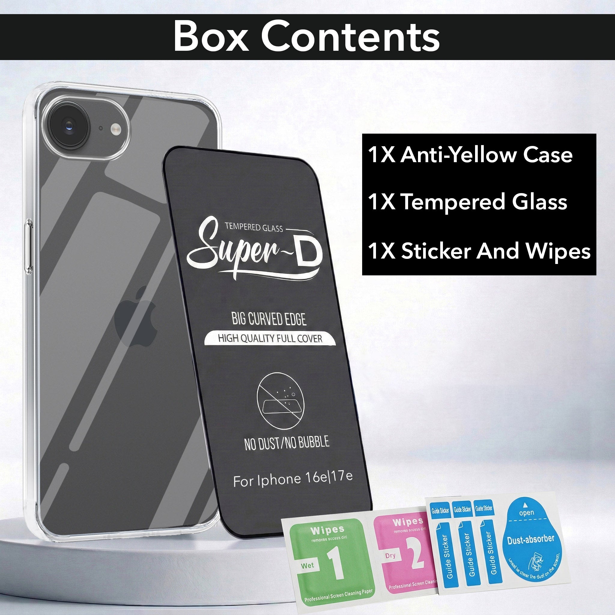 For Apple iPhone 16e | iPhone 17e Combo with Back Cover and 9H Tempered Glass (Lifetime Anti-Yellow | Sleek Hard Crystal | Oleophobic Coating Screen Glass)