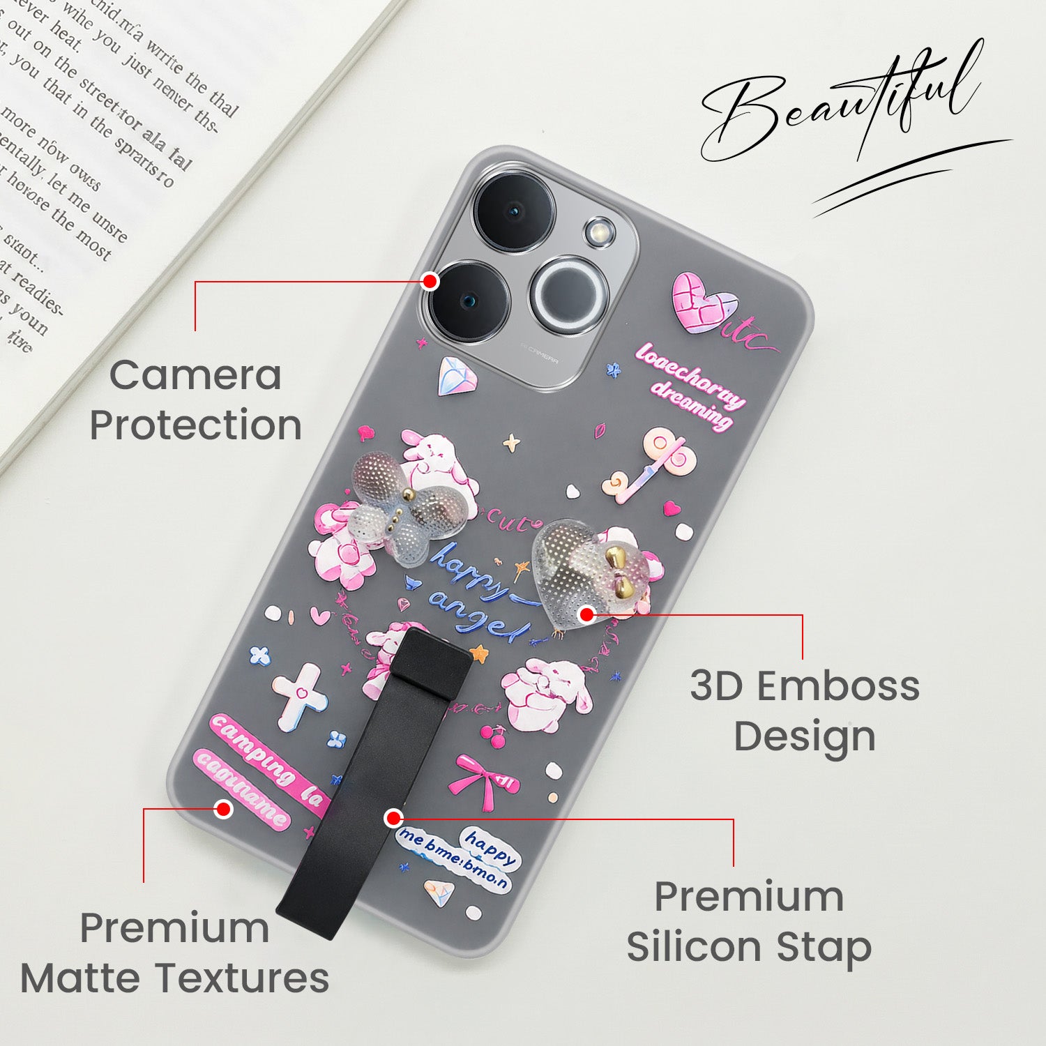 For Realme P4 Lite | Realme Narzo 80 Lite 4G Back Cover Case (3D Cute Heart Strap Holder | Camera Protection | Designer Girls Print)