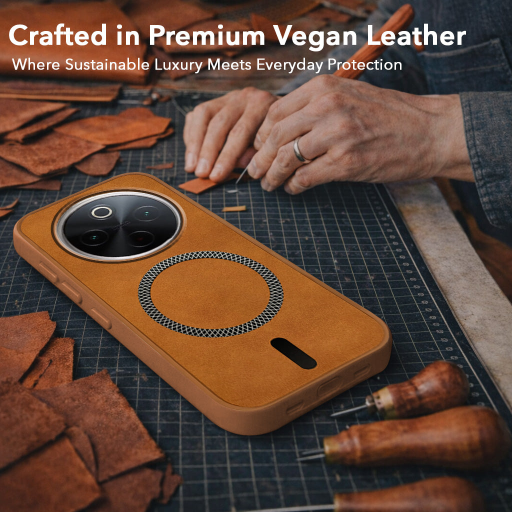 For Vivo T4 Back Cover Case Leather Finish (MagSafe Compatible Wireless Charging | Soft Touch | Camera Bump Protection)
