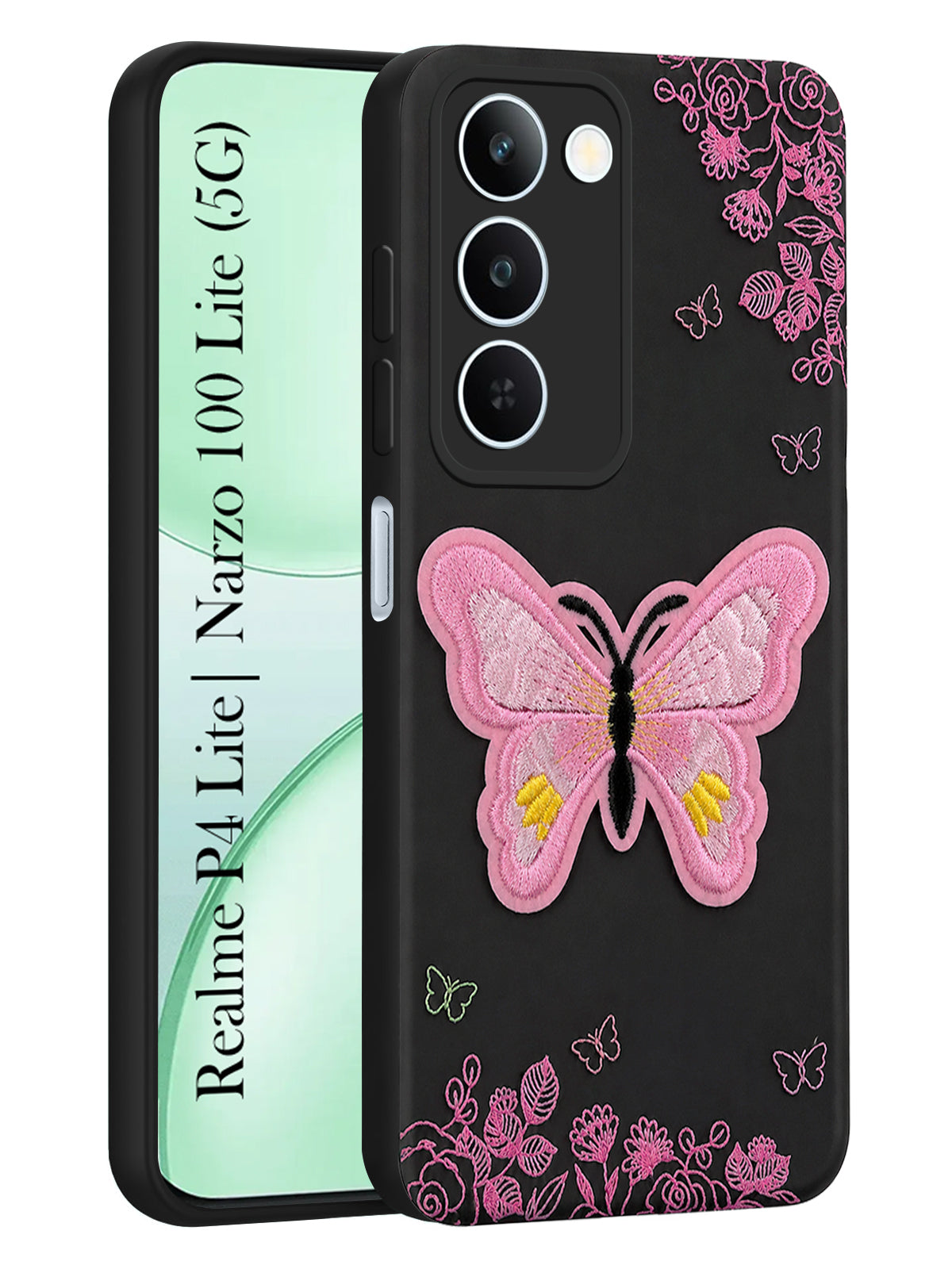 For Realme P4 Lite 5G | Realme Narzo 100 Lite 5G Back Cover Case (Soft Butterfly Embroidery | Women Teen Girls | Camera Protection| Matte Silicone)