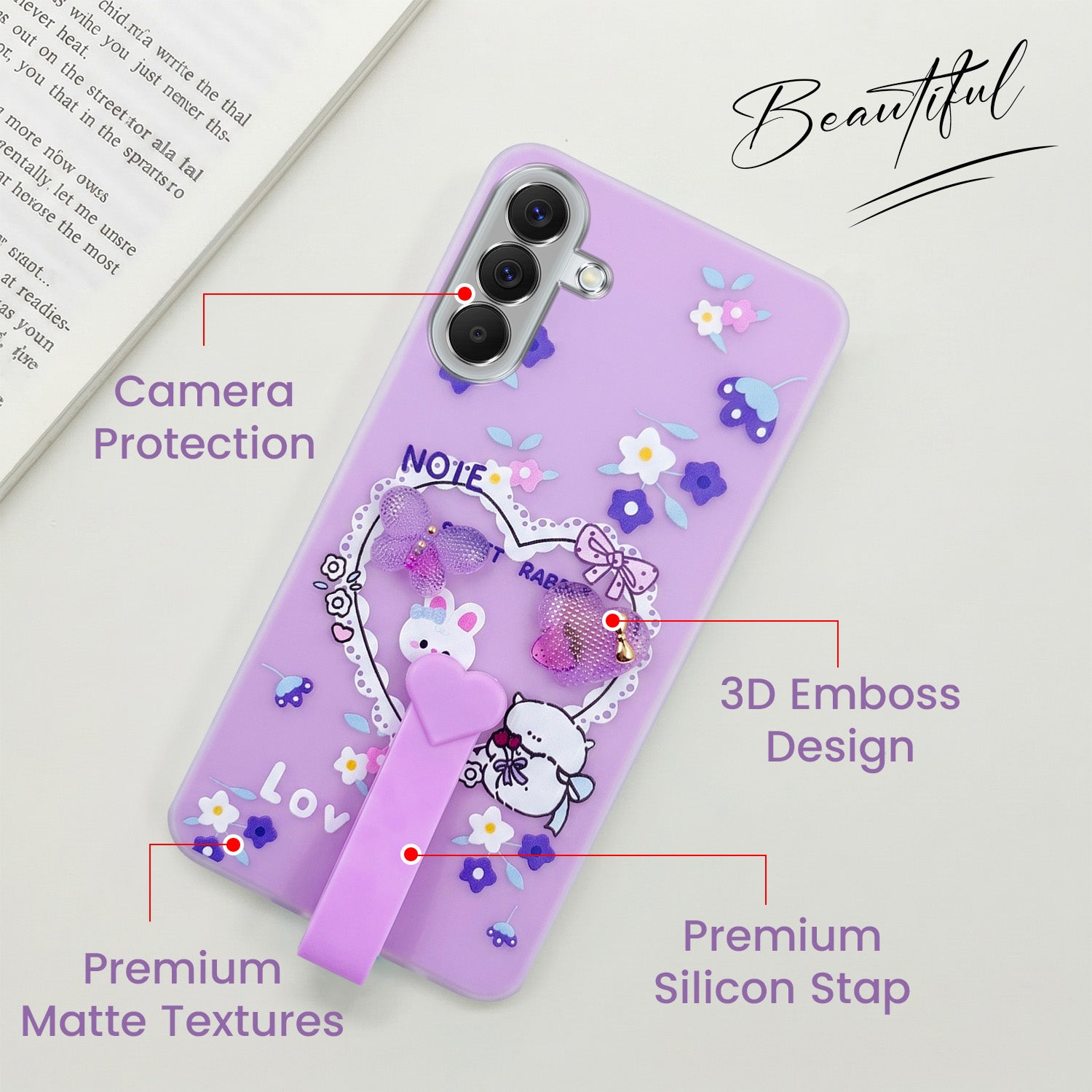 For Samsung Galaxy A57 Back Cover Case (3D Cute Heart Strap Holder | Camera Protection | Designer Girls Print)