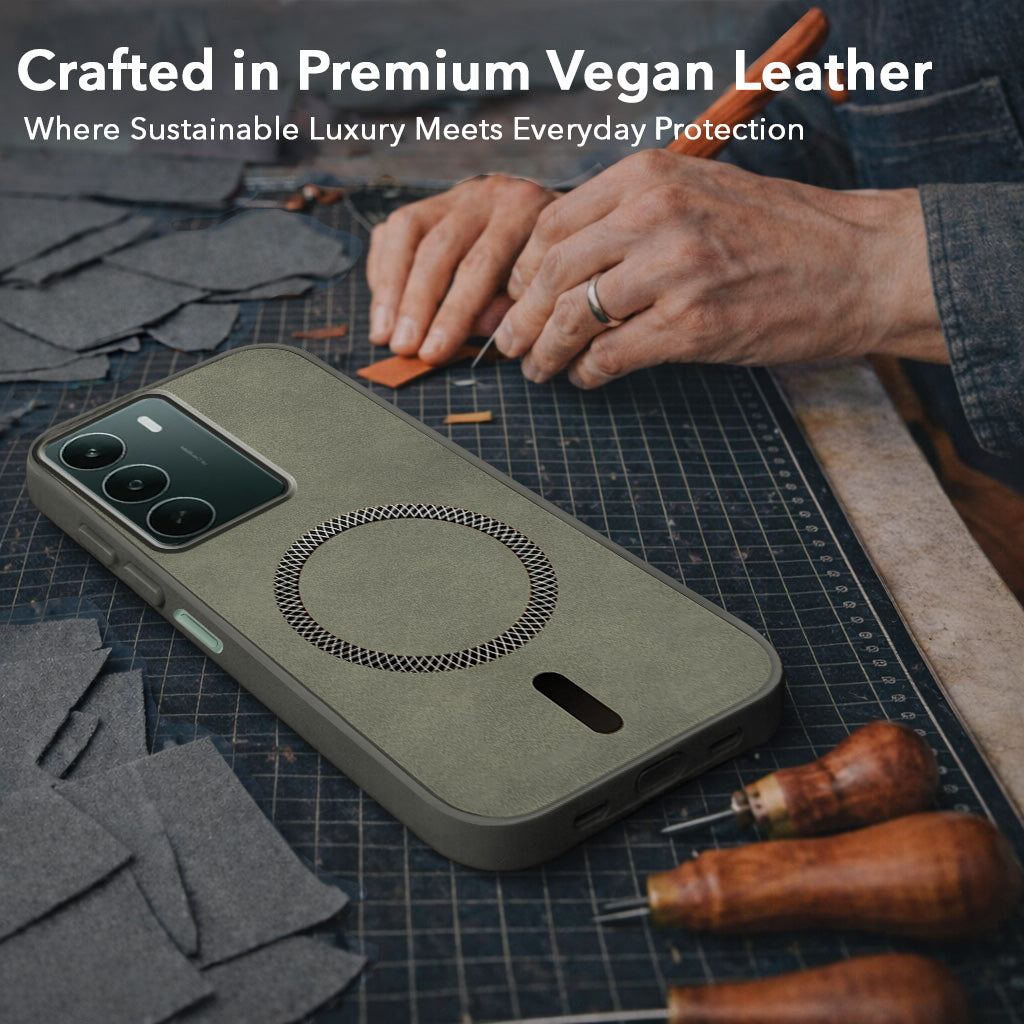 For Realme P3 lite Back Cover Case Leather Finish (MagSafe Compatible Wireless Charging | Soft Touch | Camera Bump Protection)