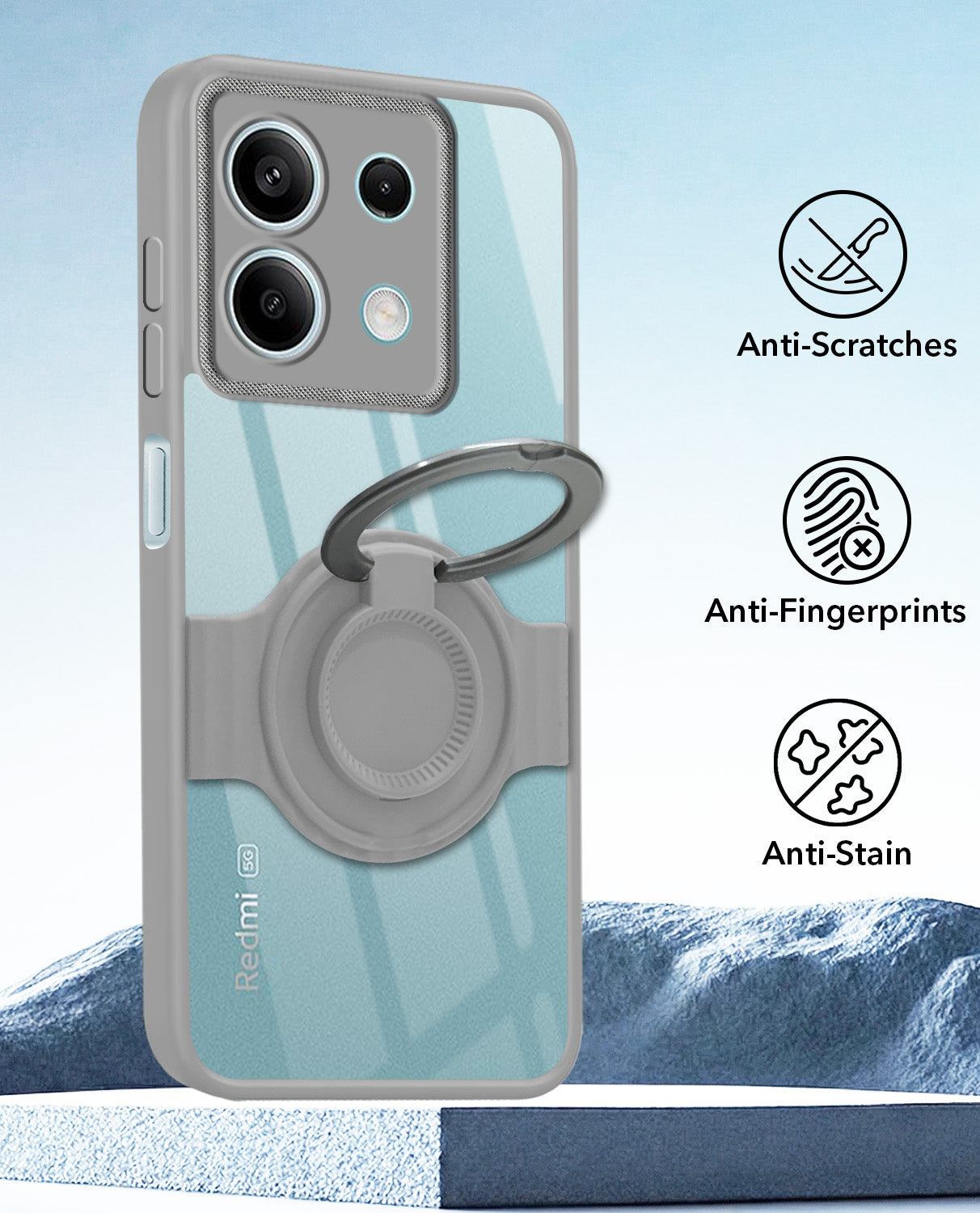 For Xiaomi Redmi Note 13 5G Back Cover Case with stand (Built-in Ring Holder Kickstand | Lifetime Anti Yellow | Camera Protection)