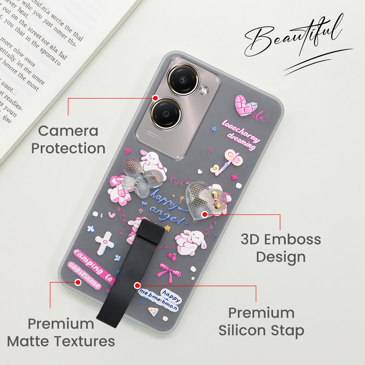 For Vivo Y28s 5G | Vivo T3 Lite 5G Back Cover Case (3D Cute Heart Strap Holder | Camera Protection | Designer Girls Print)
