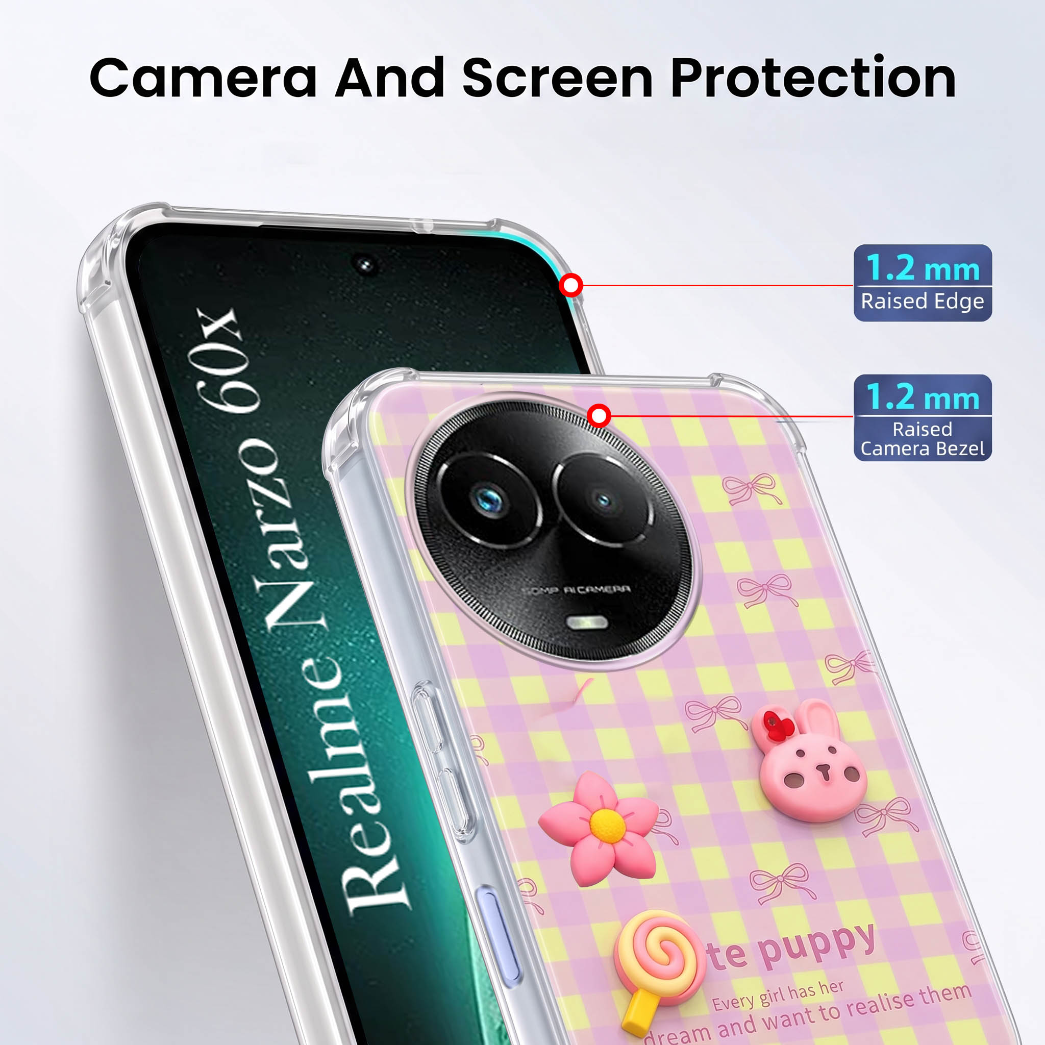 For Realme Narzo 60x Back Cover Case (3D Cute Cartoons | Hard Back Side Soft | Matte Premium Finish | HD Printing)