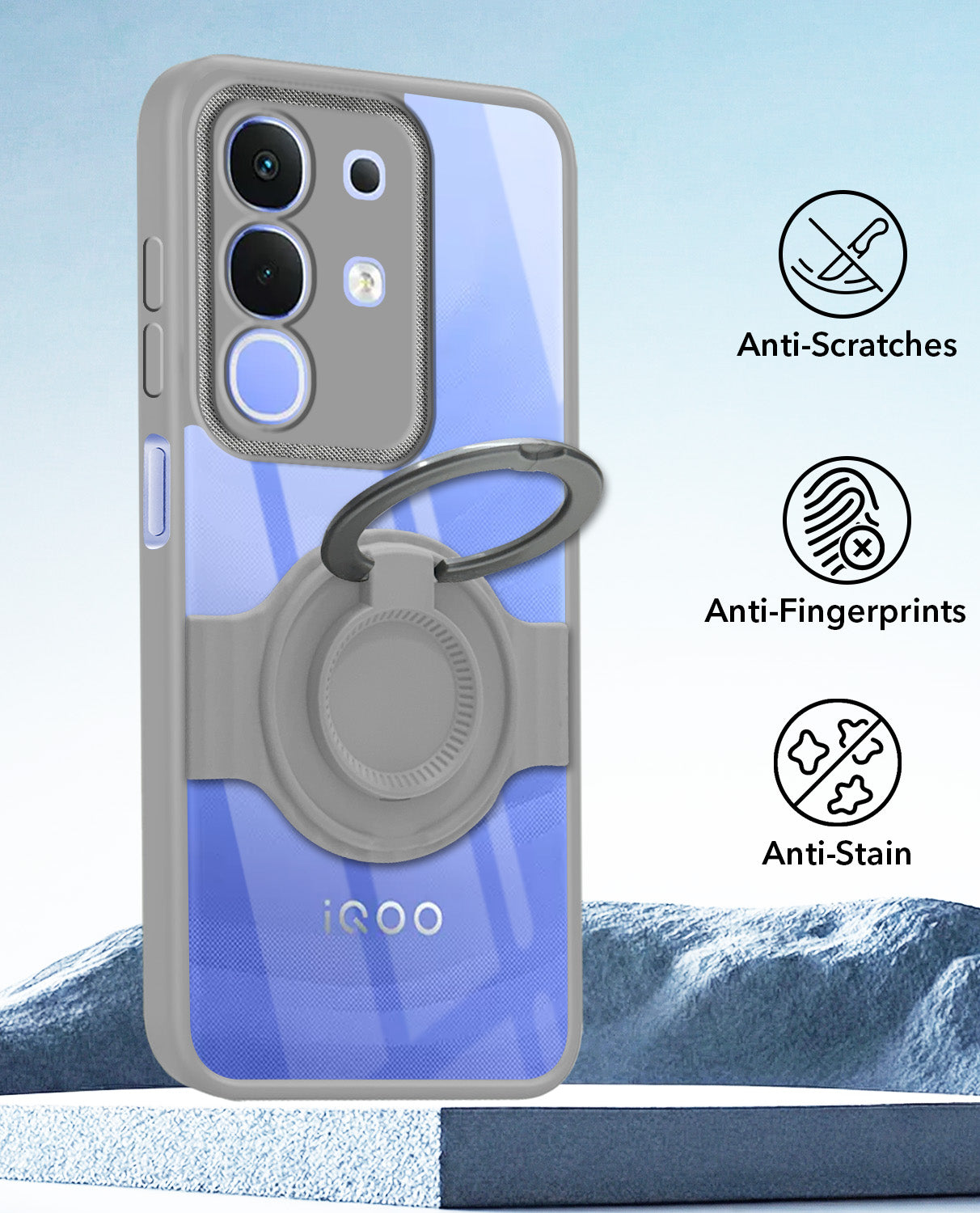 For Vivo iQOO Z10x Back Cover Case with stand (Built-in Ring Holder Kickstand | Lifetime Anti Yellow | Camera Protection)