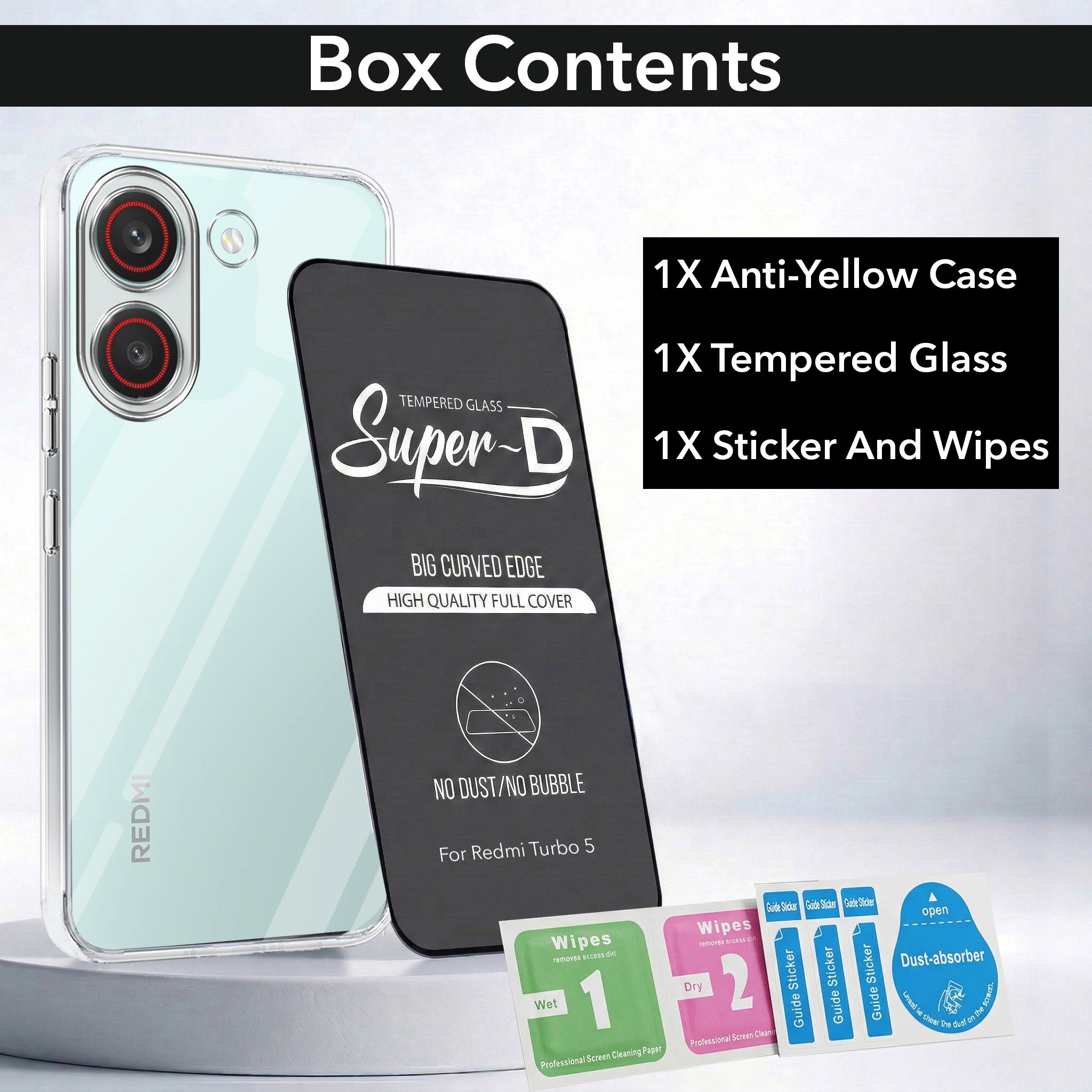 For Redmi Turbo 5 Combo with Back Cover and 9H Tempered Glass (Lifetime Anti-Yellow | Sleek Hard Crystal | Oleophobic Coating Screen Glass)