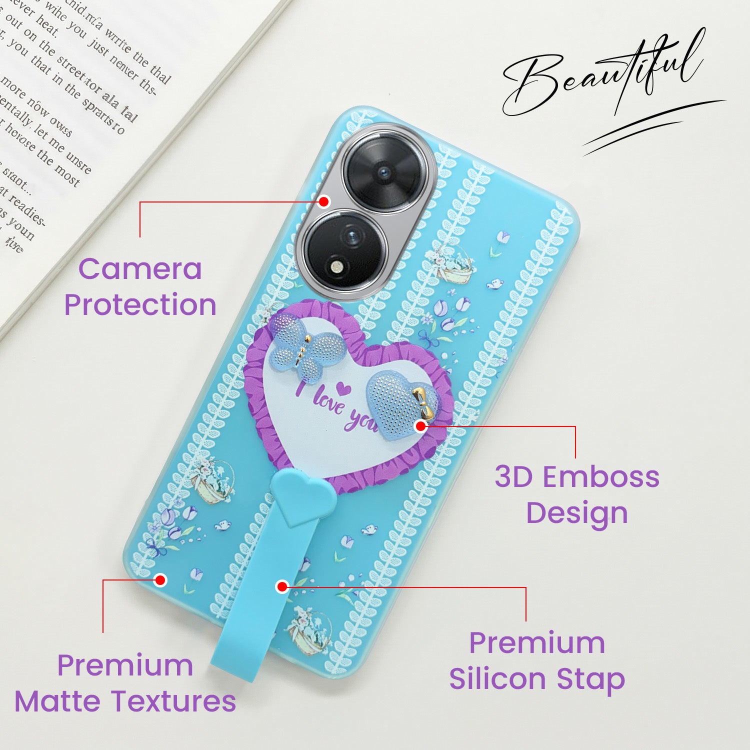 For Vivo T2 Back Cover Case (3D Cute Heart Strap Holder | Camera Protection | Designer Girls Print)