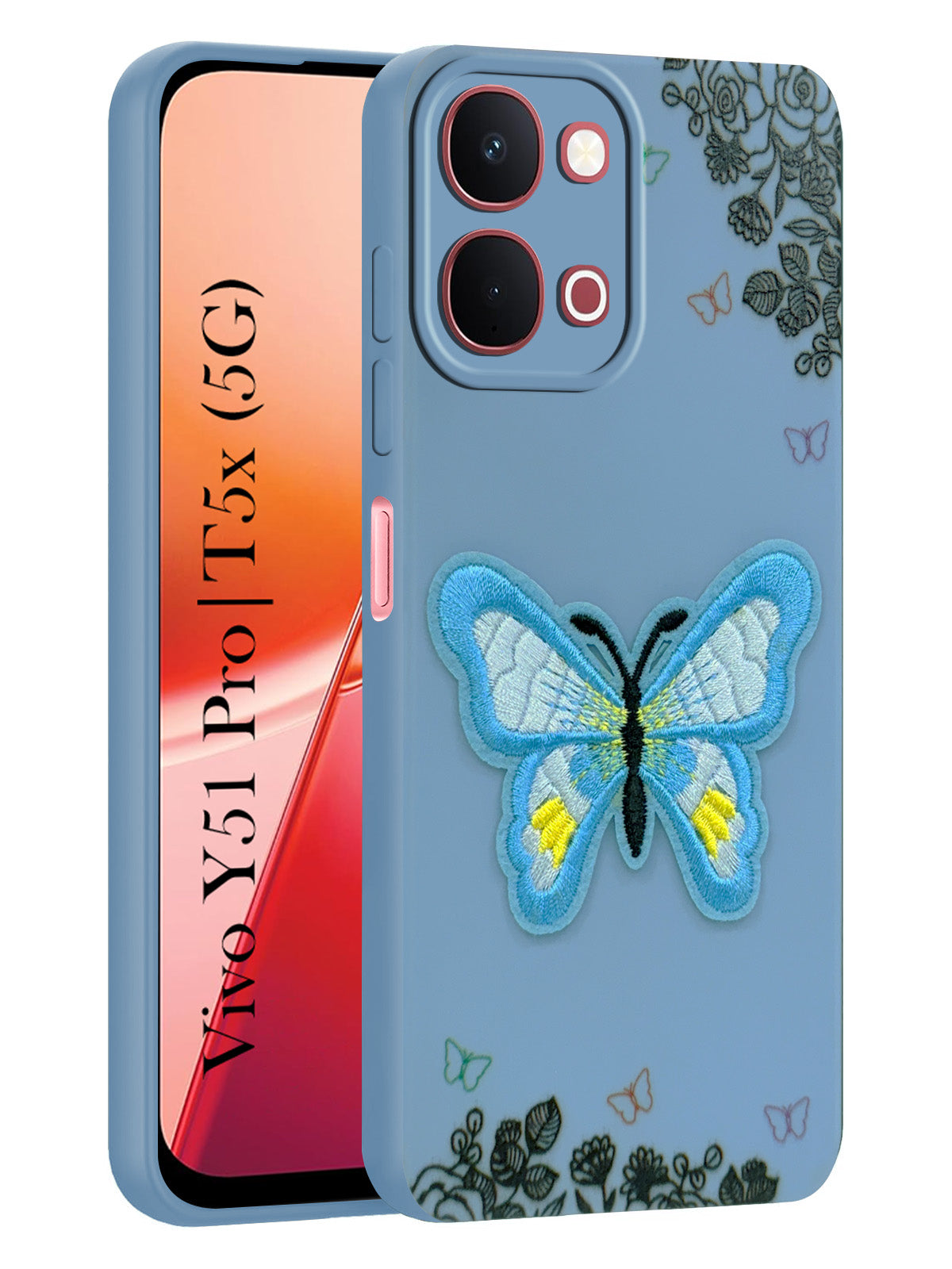 For Vivo Y51 Pro 5G | Vivo T5x Back Cover Case (Soft Butterfly Embroidery | Women Teen Girls | Camera Protection| Matte Silicone)