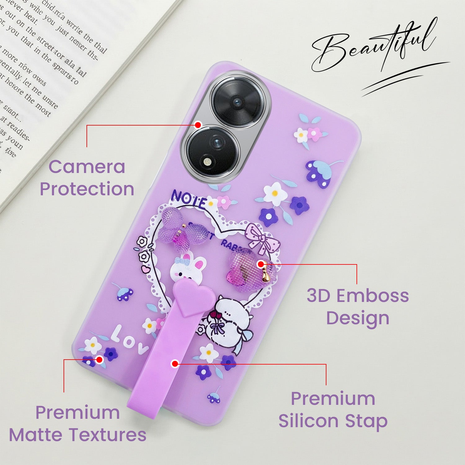 For Vivo T2 Back Cover Case (3D Cute Heart Strap Holder | Camera Protection | Designer Girls Print)