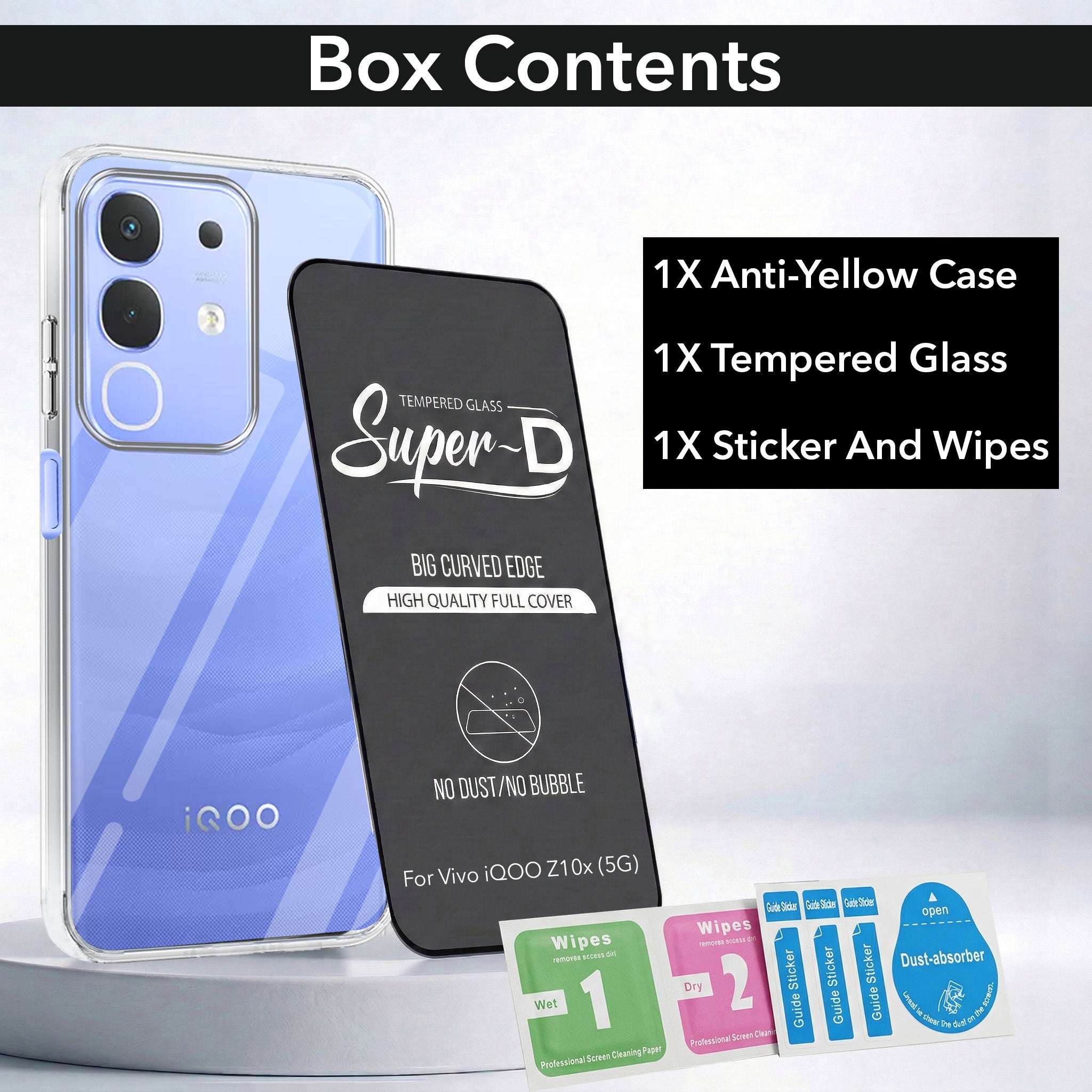 For Vivo iQOO Z10x Combo with Back Cover and 9H Tempered Glass (Lifetime Anti-Yellow | Sleek Hard Crystal | Oleophobic Coating Screen Glass)