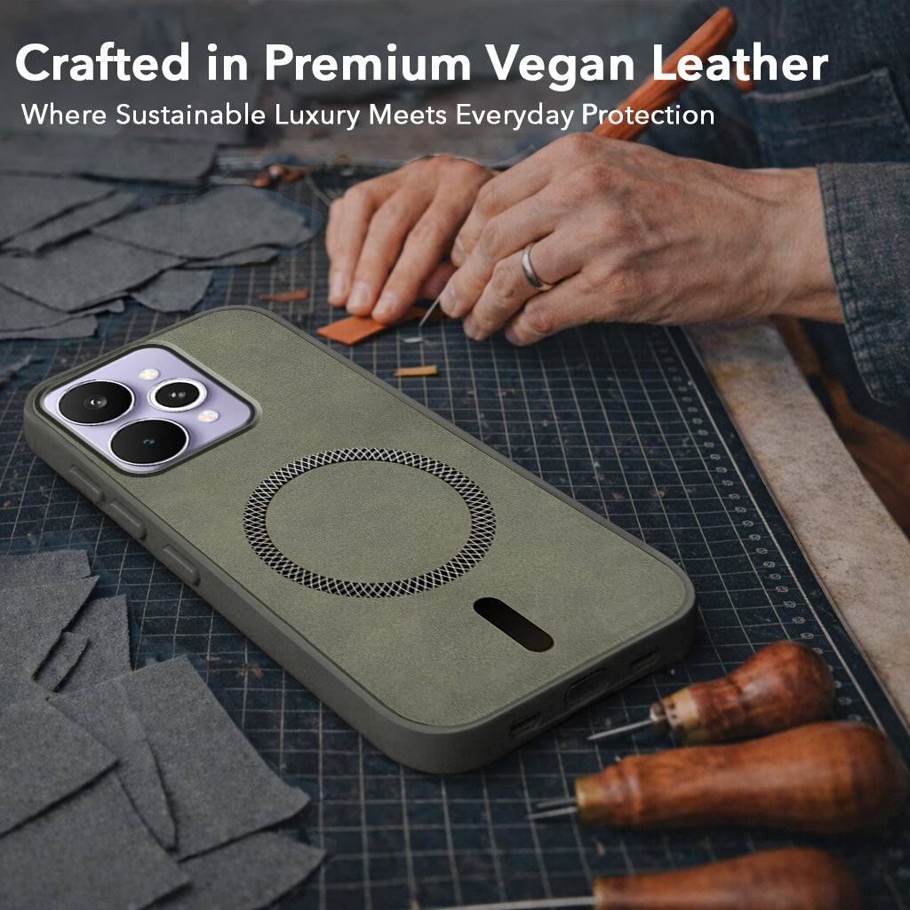 For Realme 15 Pro Back Cover Case Leather Finish (MagSafe Compatible Wireless Charging | Soft Touch | Camera Bump Protection)