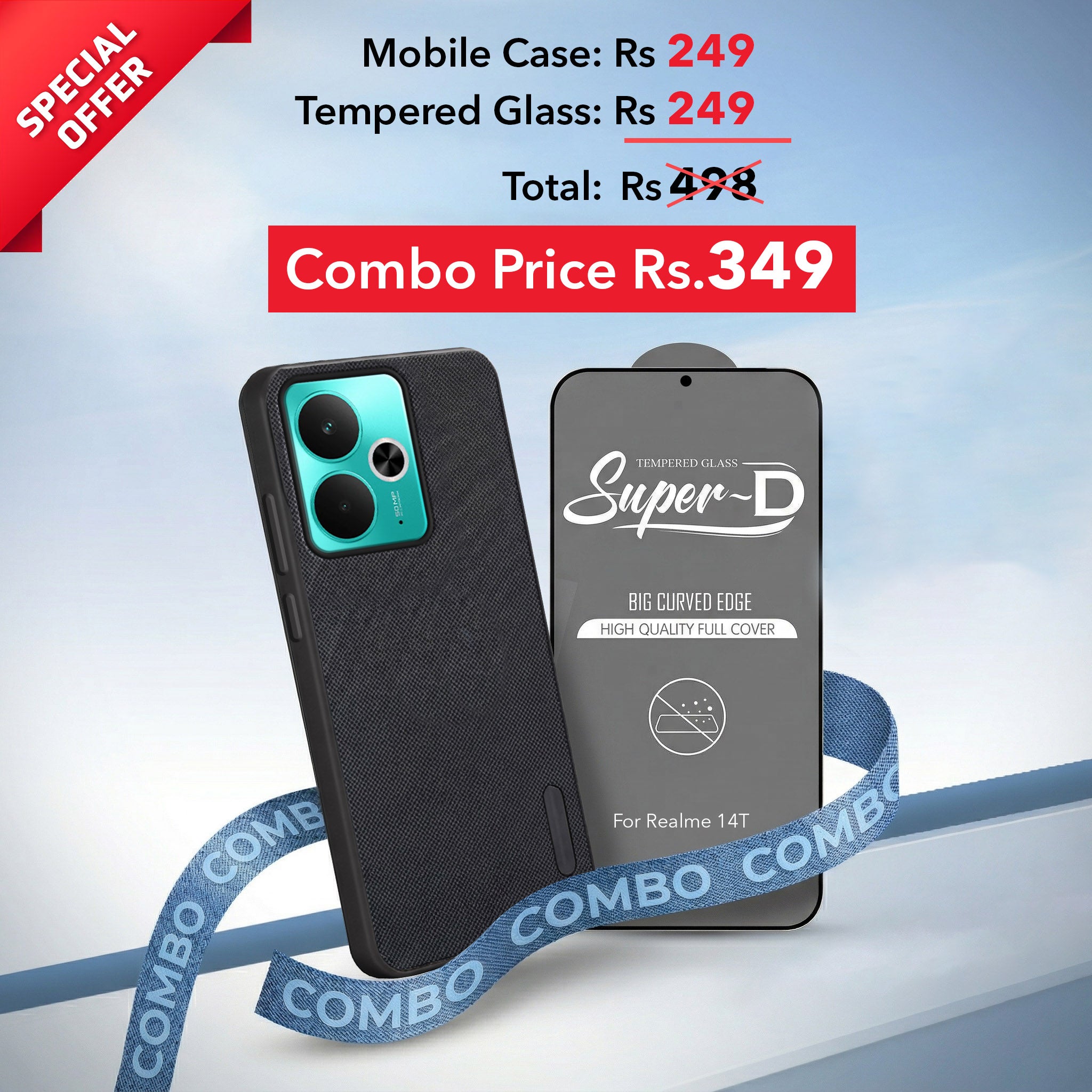 For Realme 14T Combo with Back Cover and 9H Tempered Glass (Textured Grip Design | Micro-Fiber Cloth Inside | Oleophobic Coating Screen Glass)