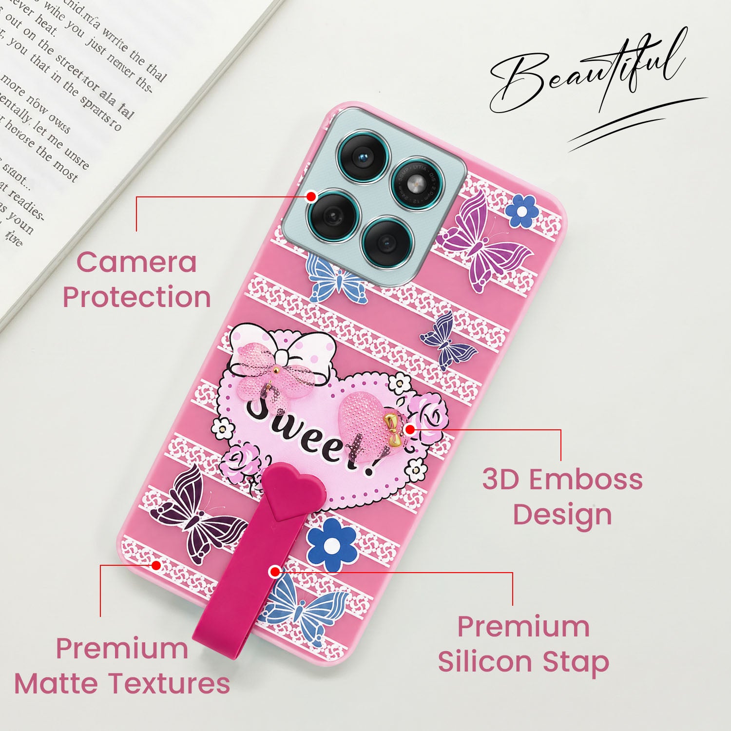 For Motorola Moto Edge 60 Fusion Back Cover Case (3D Cute Heart Strap Holder | Camera Protection | Designer Girls Print)