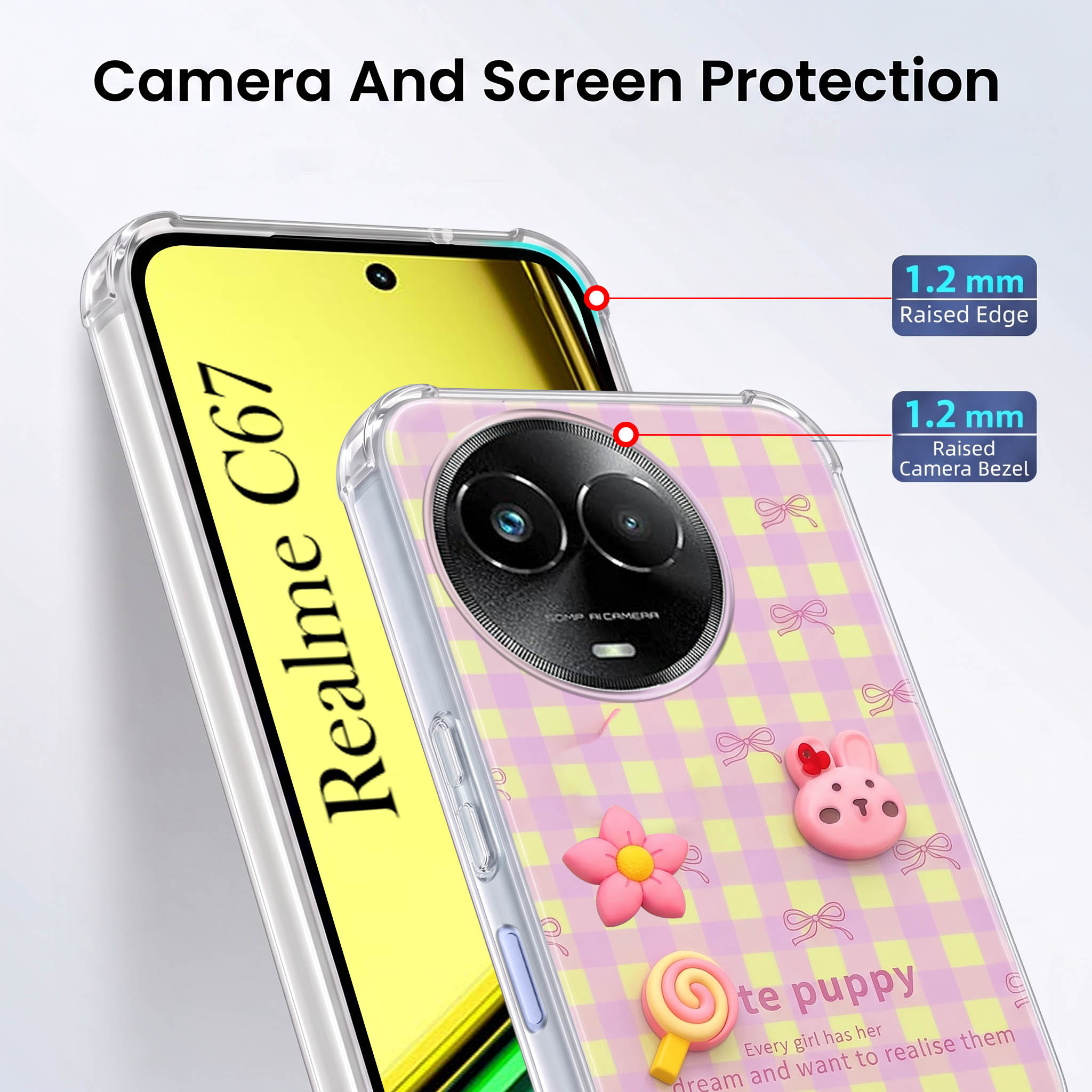For Realme C67 Back Cover Case (3D Cute Cartoons | Hard Back Side Soft | Matte Premium Finish | HD Printing)