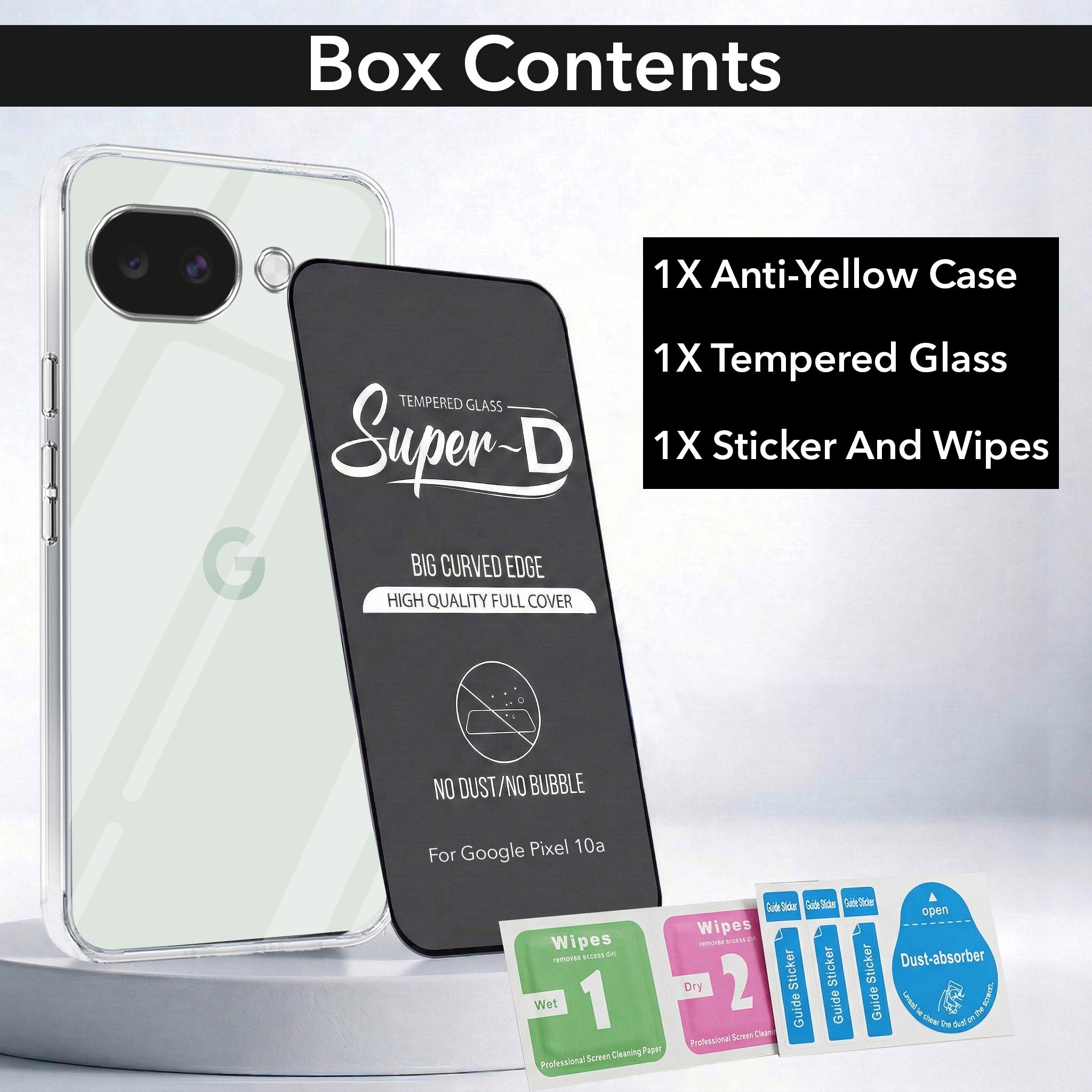 For Google Pixel 10a Combo with Back Cover and 9H Tempered Glass (Lifetime Anti-Yellow | Sleek Hard Crystal | Oleophobic Coating Screen Glass)