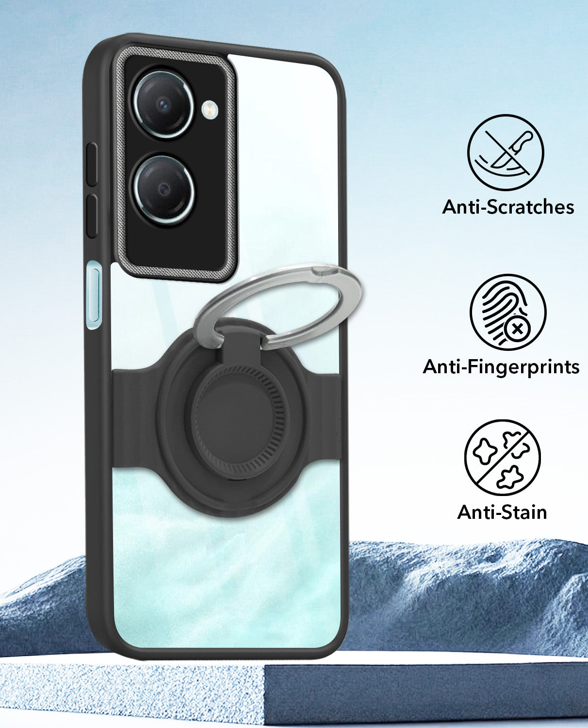 For Vivo iQOO Z9 Lite Back Cover Case with stand (Built-in Ring Holder Kickstand | Lifetime Anti Yellow | Camera Protection)