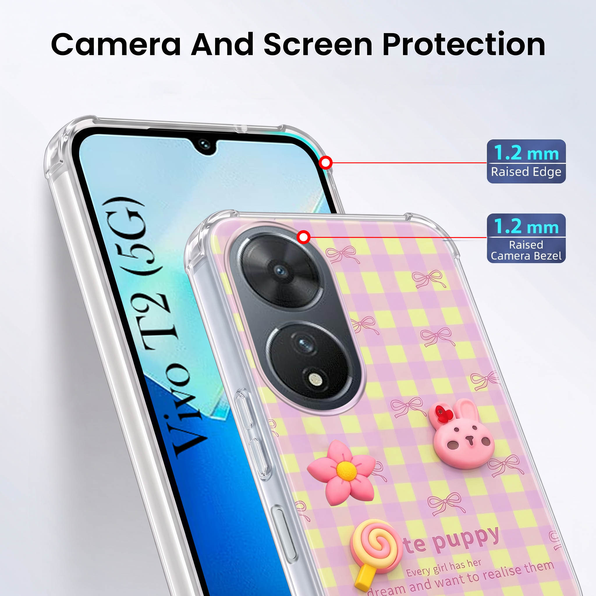 For Vivo T2 Back Cover Case (3D Cute Cartoons | Hard Back Side Soft | Matte Premium Finish | HD Printing)