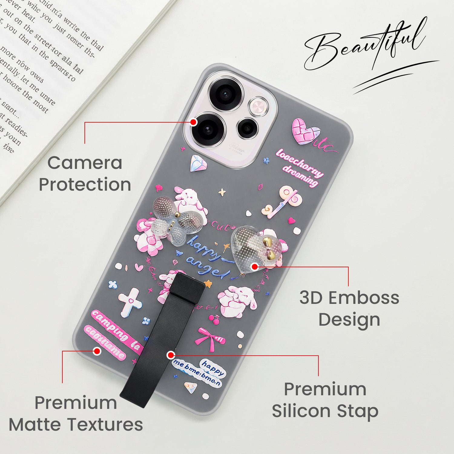 For Oppo Reno 15c Back Cover Case (3D Cute Heart Strap Holder | Camera Protection | Designer Girls Print)