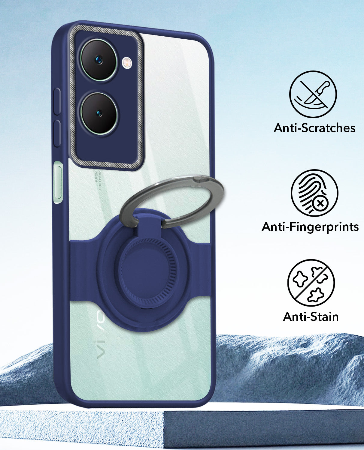 For Vivo Y18 | Y18e | Y03 | Y18i | Y18t Back Cover Case with stand (Built-in Ring Holder Kickstand | Lifetime Anti Yellow | Camera Protection)