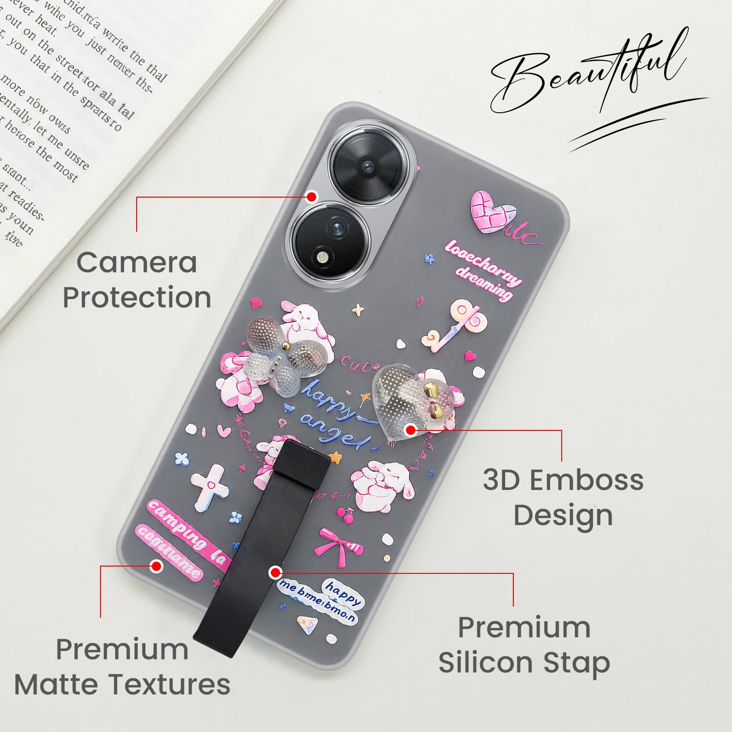 For Vivo T2 Back Cover Case (3D Cute Heart Strap Holder | Camera Protection | Designer Girls Print)