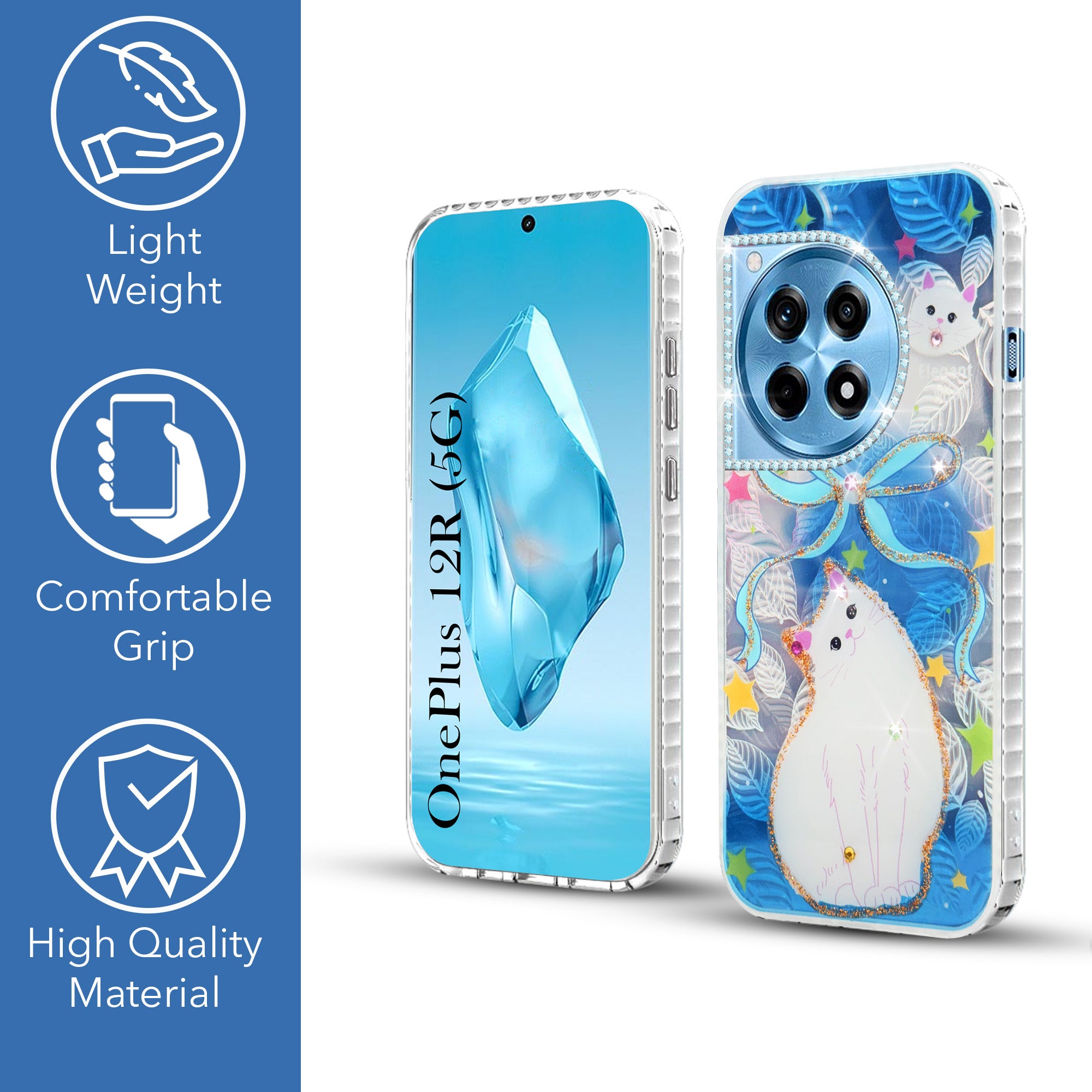 For OnePlus 12R 5G Back Cover Case (Luxury Floral Glitter Cute Butterfly | Diamond Studded Camera Bump | Girls & Women Design)